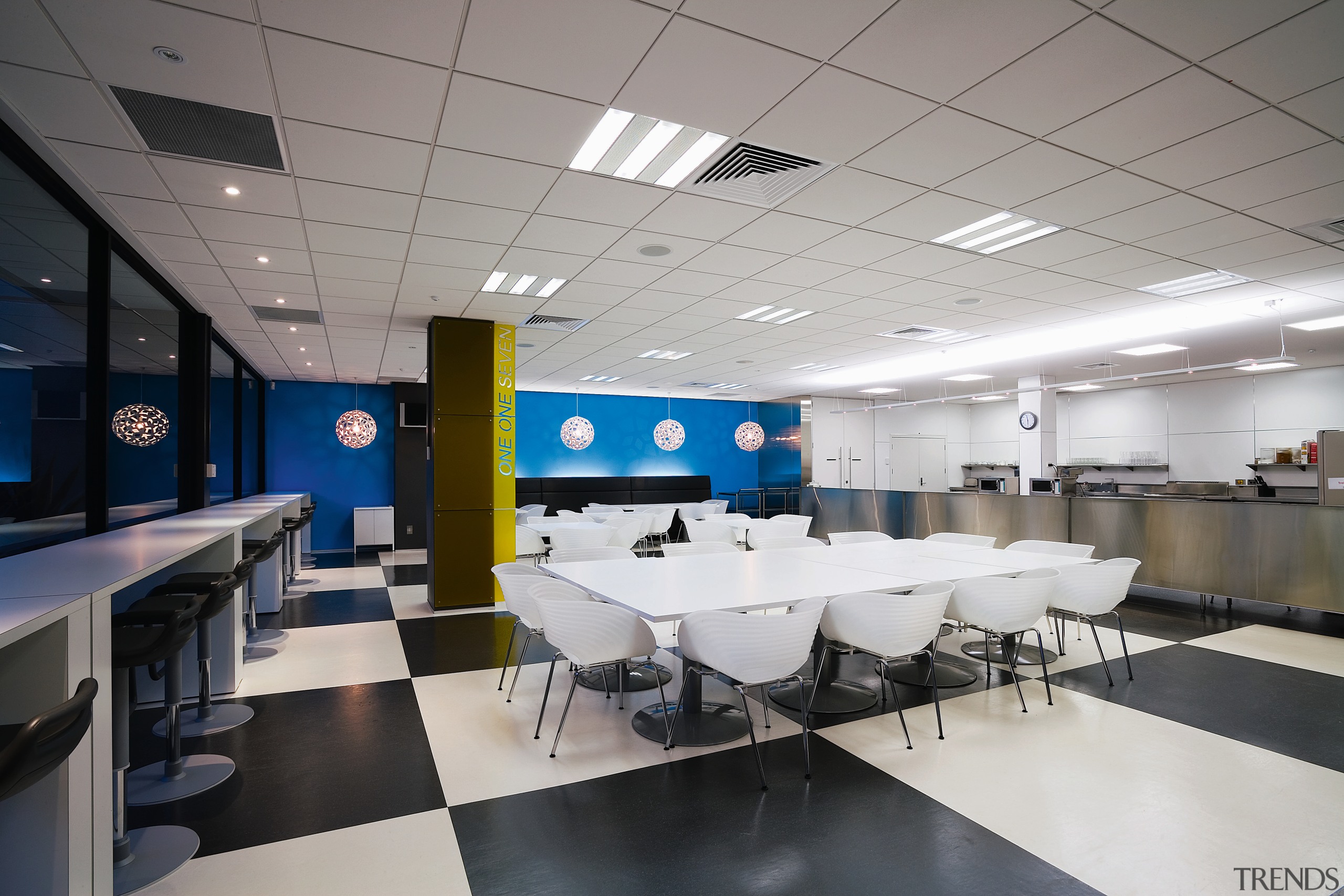 view of this office space featuring black and cafeteria, ceiling, interior design, office, gray