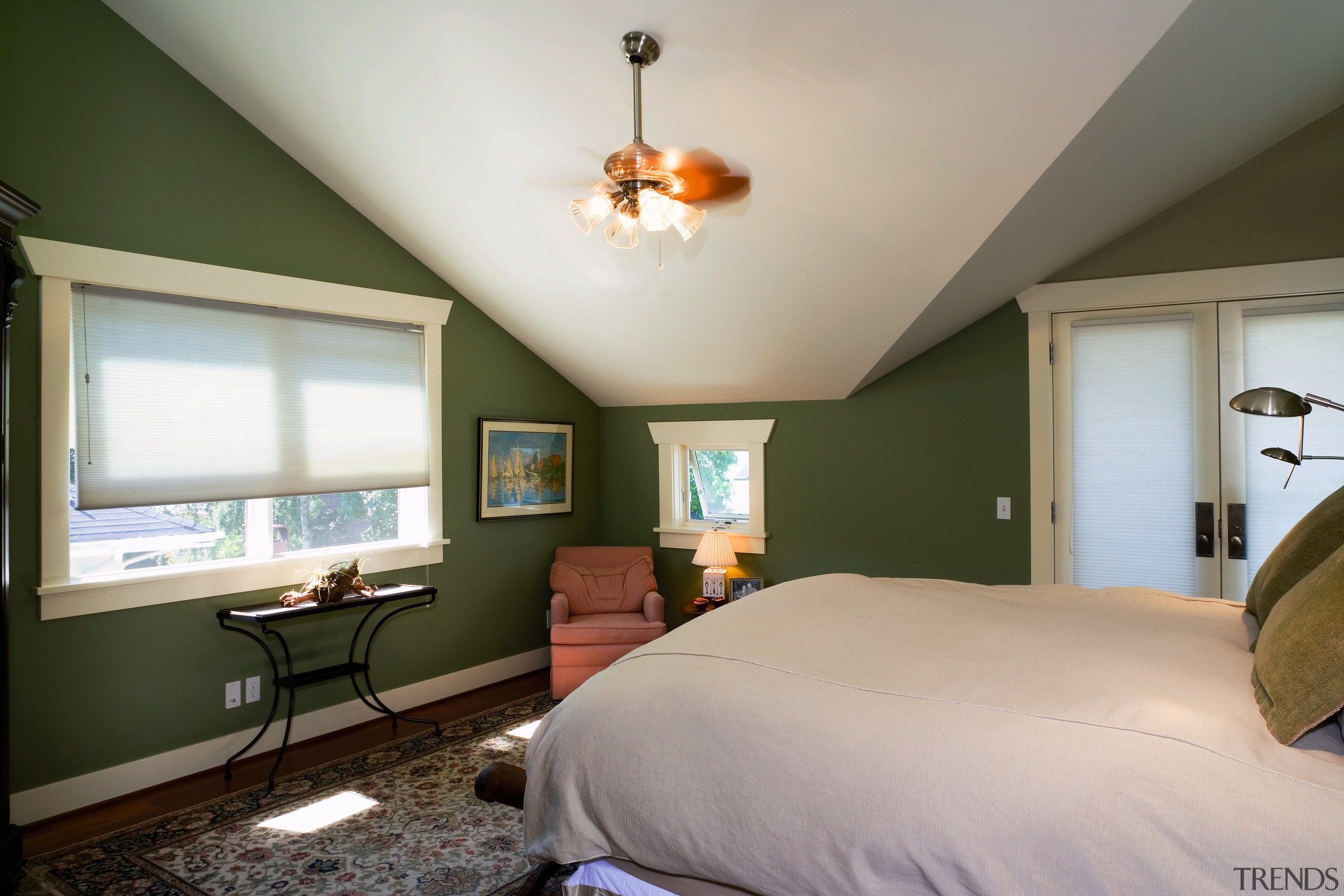 A view of a bedroom, green walls, wooden bedroom, ceiling, daylighting, estate, home, house, interior design, living room, real estate, room, wall, window, wood, gray, brown