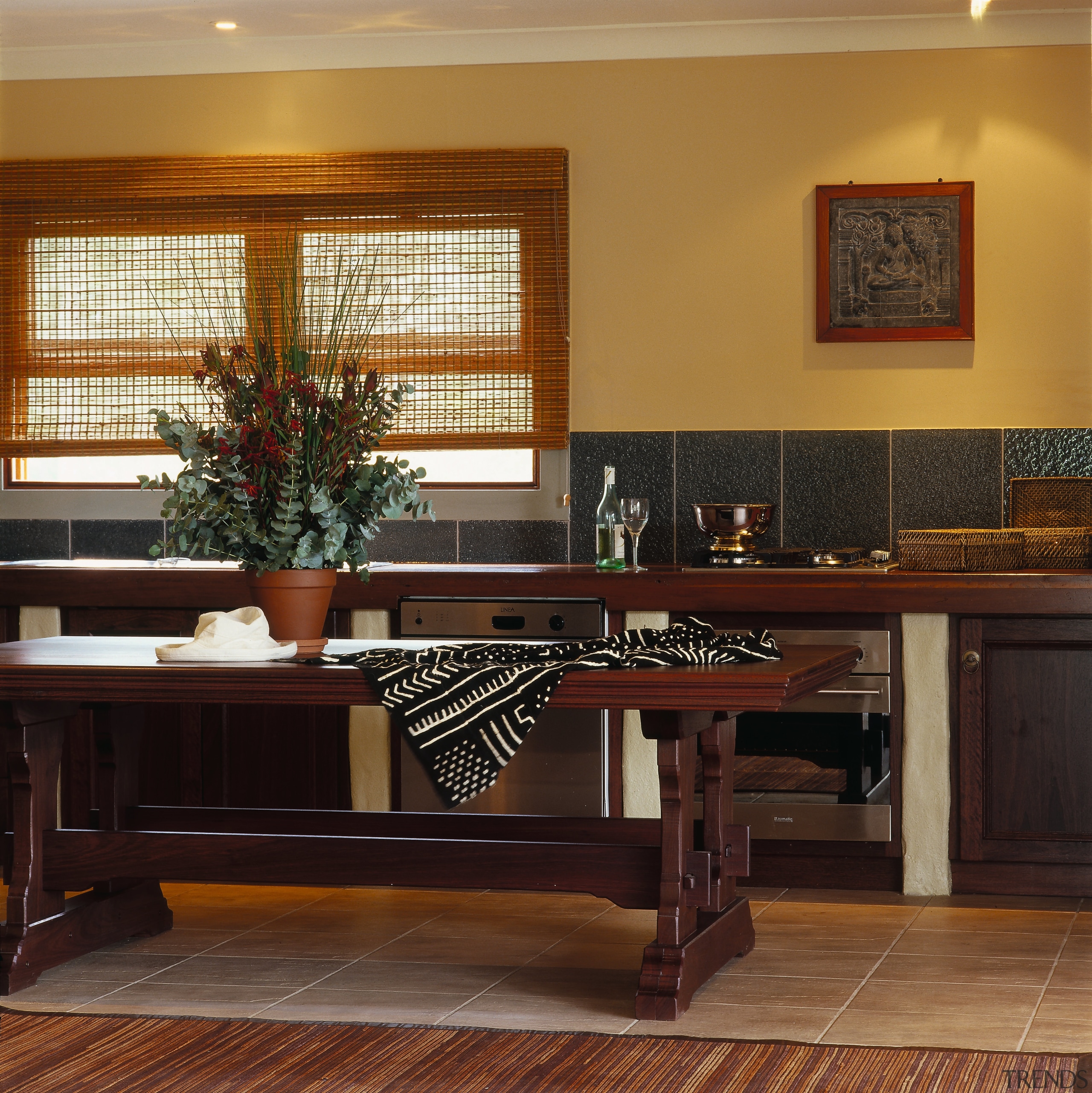 View of this kitchen - View of this cabinetry, desk, dining room, floor, flooring, furniture, hardwood, interior design, living room, room, table, wood, wood flooring, brown, black