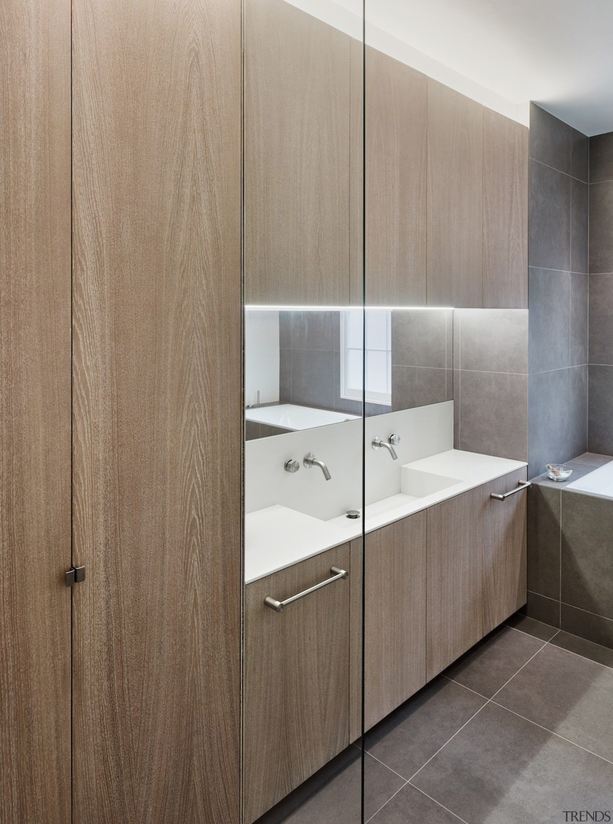 Andy Martin Architecture – Renovation in London - bathroom, bathroom accessory, bathroom cabinet, cabinetry, countertop, floor, interior design, plywood, product design, sink, wall, gray, brown