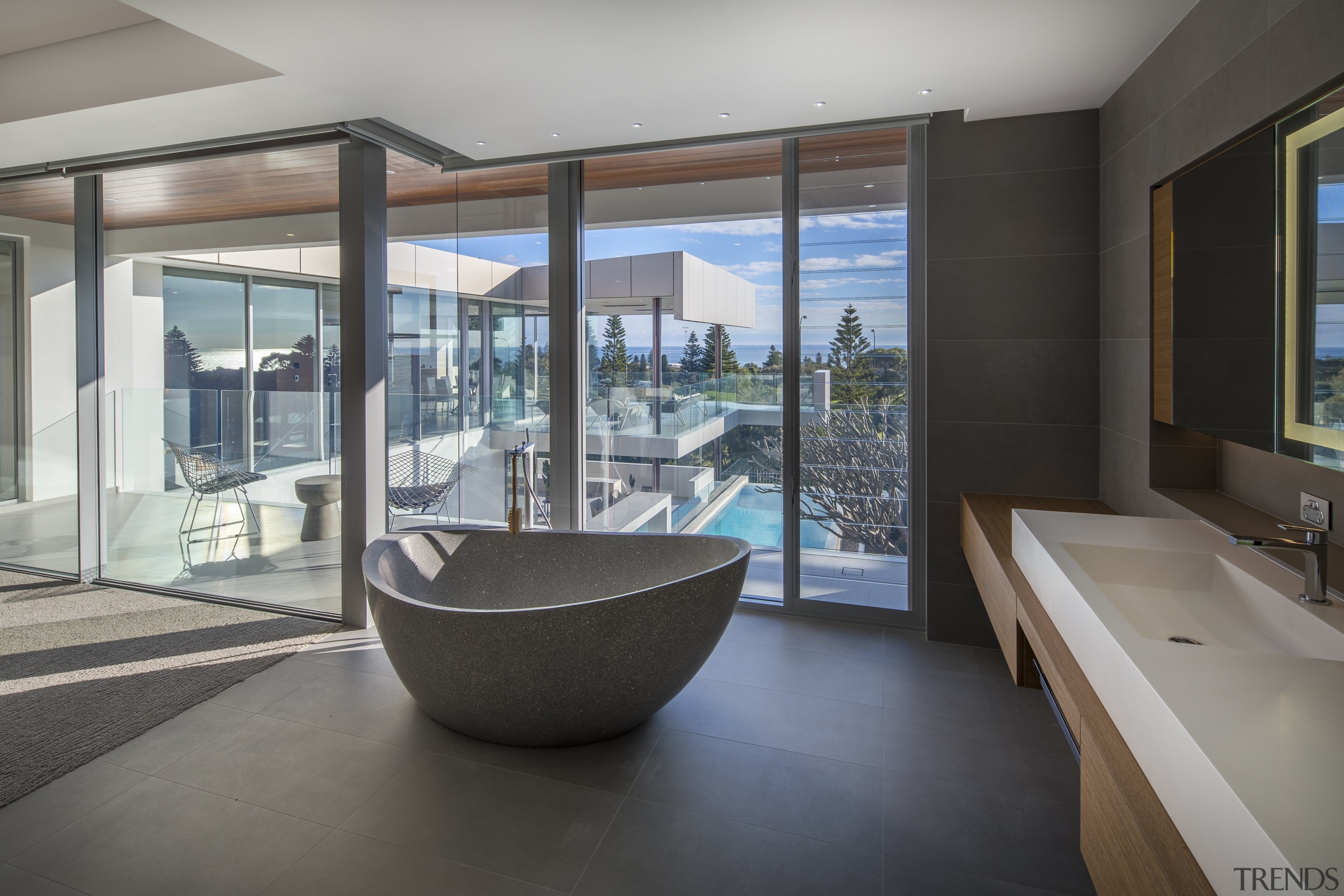 Soaking in the views  this master bathrooms architecture, estate, house, interior design, real estate, window, gray, black