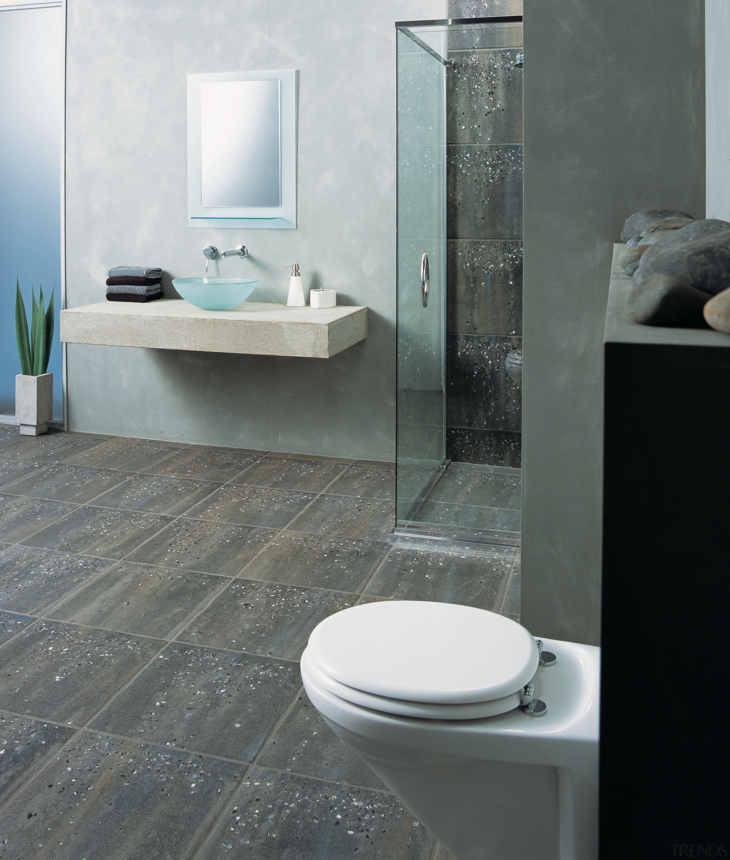 The view of a bathroom featuring a toilet, bathroom, bathroom accessory, bathroom cabinet, bathroom sink, bidet, ceramic, floor, flooring, interior design, plumbing fixture, product design, sink, tap, tile, toilet seat, wall, gray