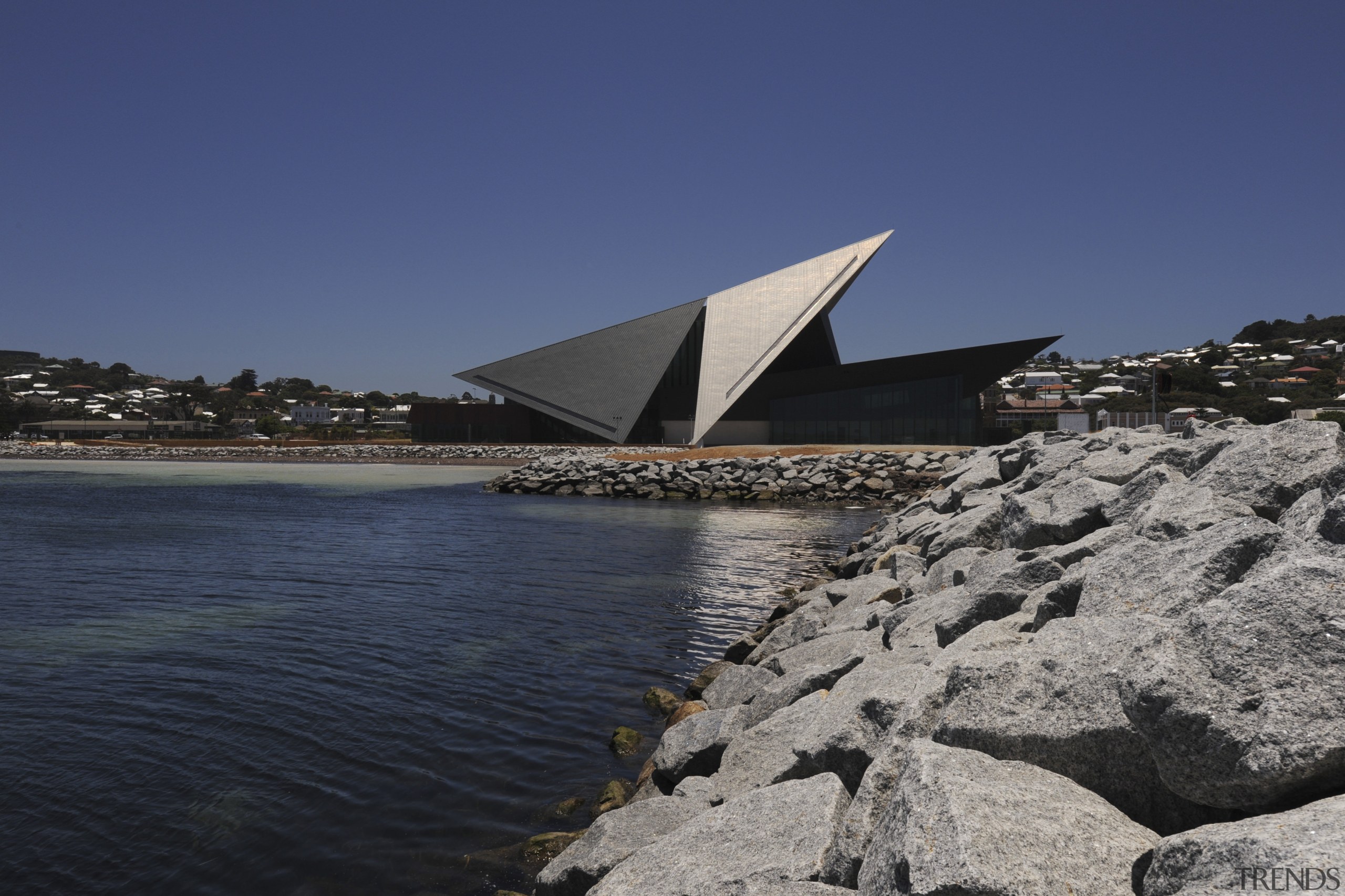 View of the exterior of the Albany Entertainment architecture, coast, coastal and oceanic landforms, reflection, sea, sky, water, blue, black