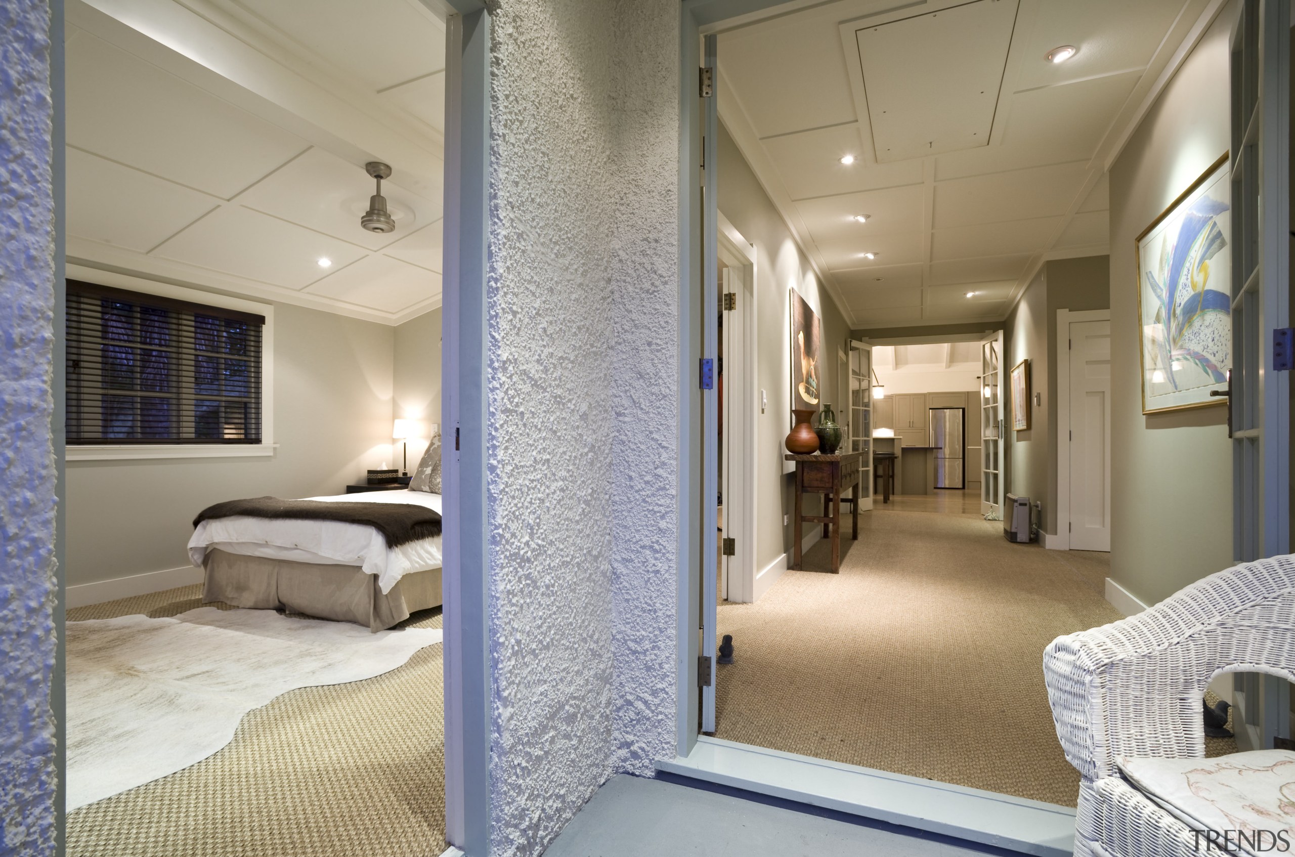 View of a hallway with bedroom on the ceiling, floor, interior design, real estate, window, gray