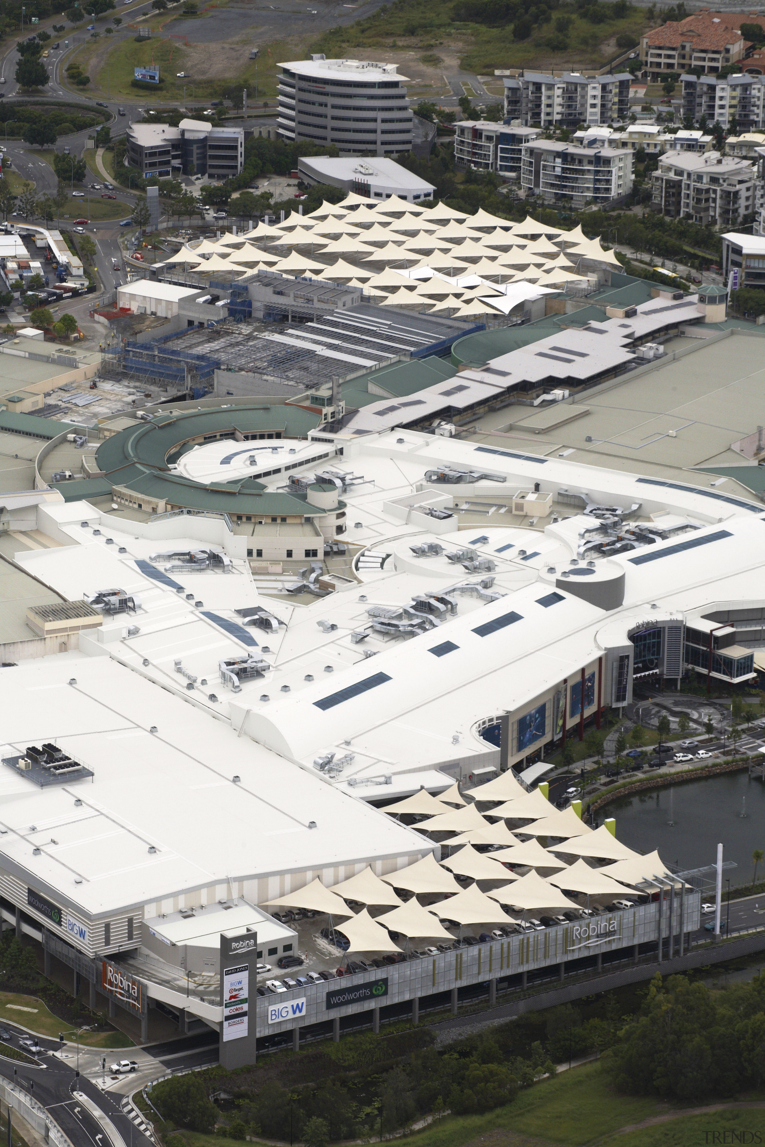 View of sails by Greenline Shade and Shelter aerial photography, bird's eye view, city, residential area, roof, structure, suburb, urban area, urban design, white, gray