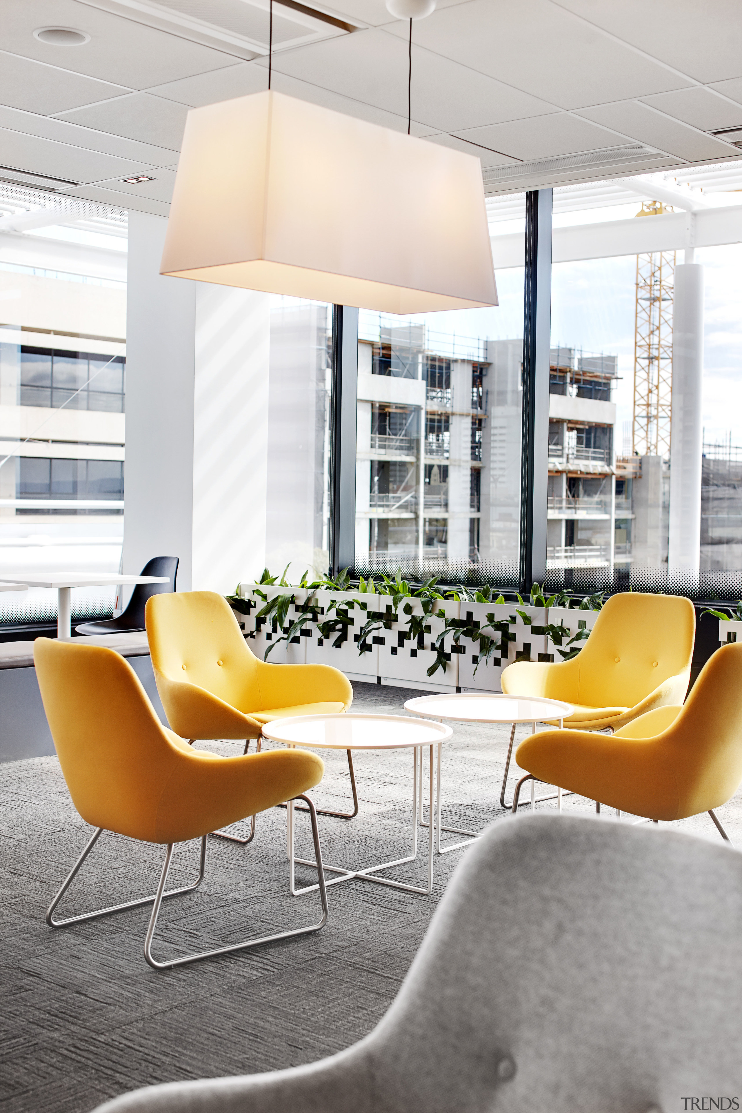 Informal meeting area in the Charter Hall office architecture, chair, floor, flooring, furniture, home, house, interior design, living room, lobby, product design, table, white