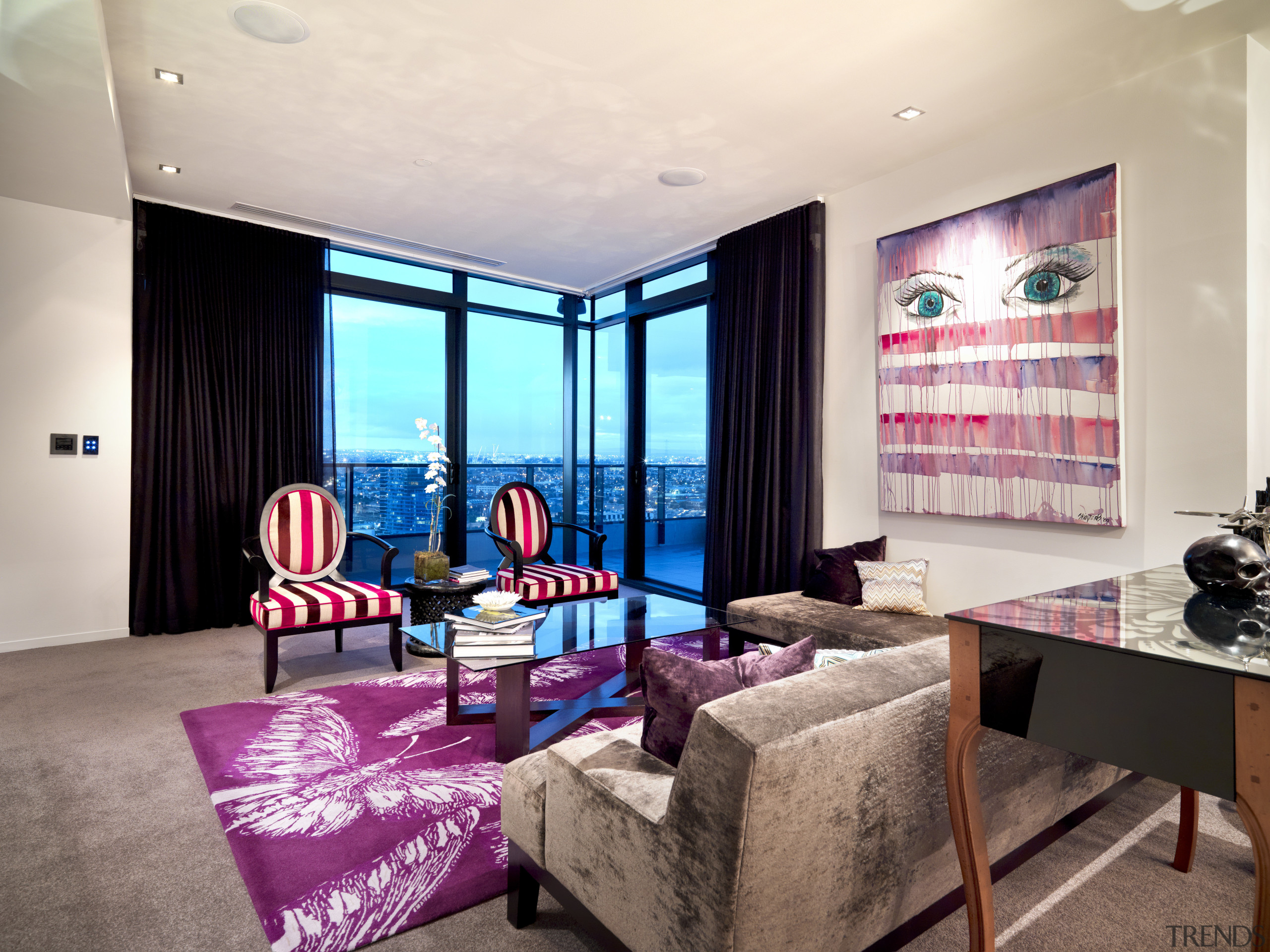 View of living area which features carpeted flooring, bedroom, ceiling, condominium, home, interior design, living room, property, real estate, room, wall, window, white