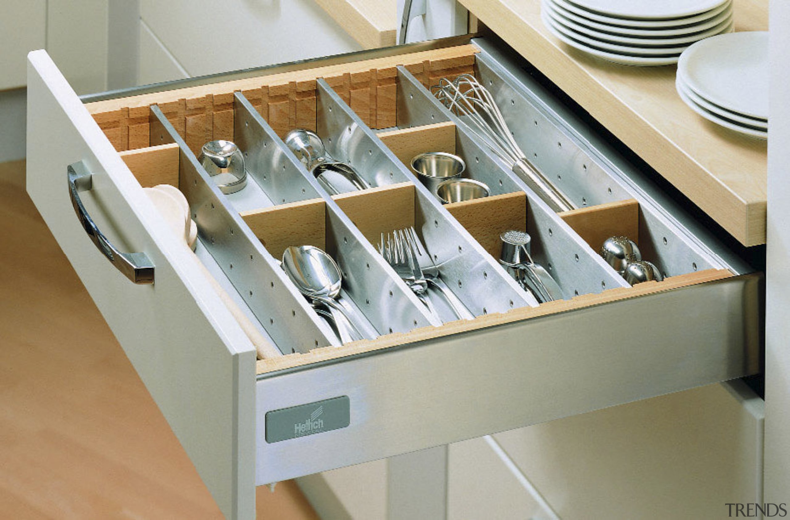 View of kitchen cabinetry with Hettich hardware and drawer, furniture, product, product design, shelf, shelving, table, gray