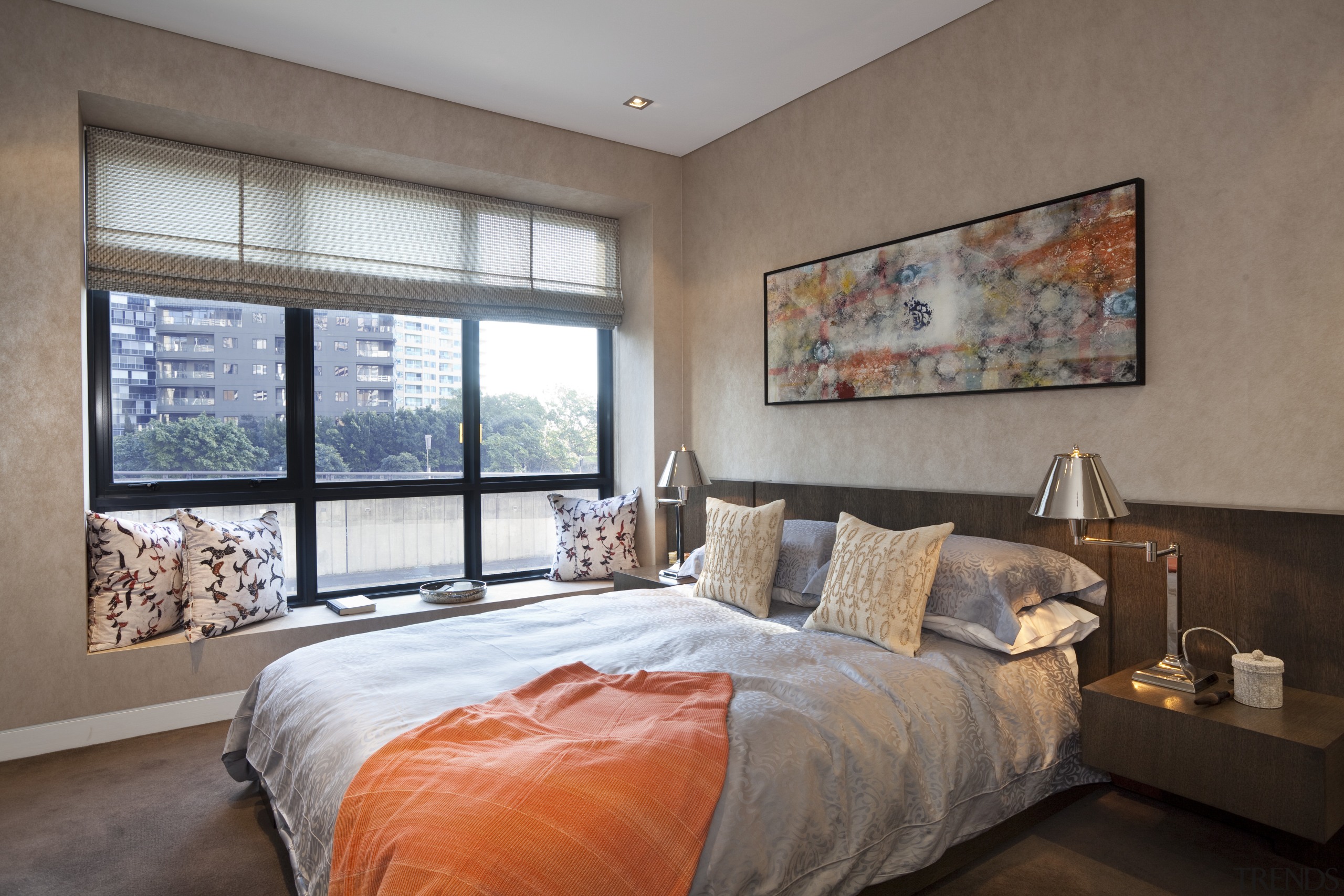 View of bedroom with orange throw on bed. bed frame, bedroom, ceiling, estate, floor, home, interior design, property, real estate, room, wall, window, window covering, wood, gray, brown