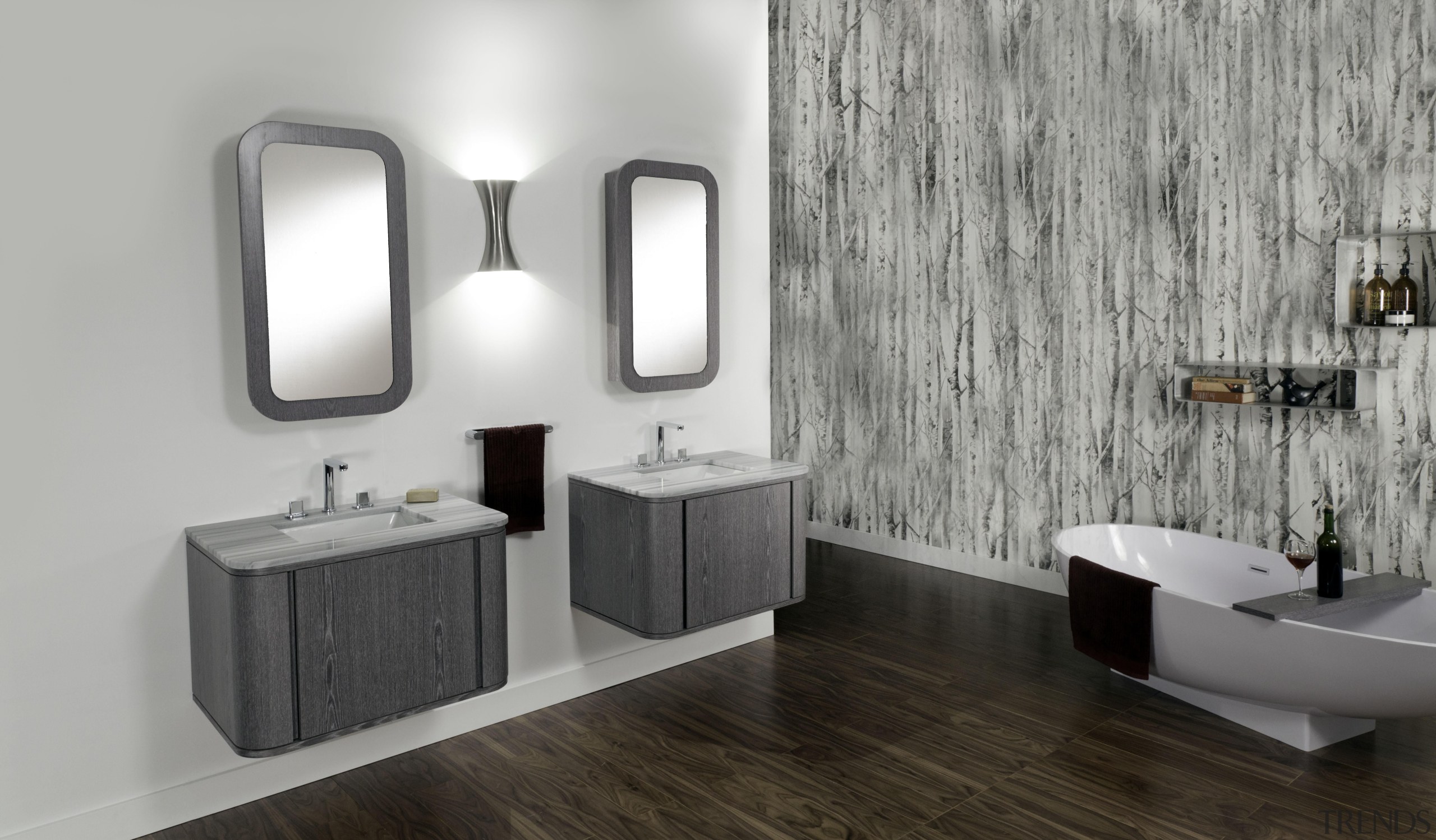 Free-standing under-counter vanity for one lavatory, with one bathroom, bathroom accessory, bathroom cabinet, floor, interior design, plumbing fixture, product design, room, sink, tap, gray