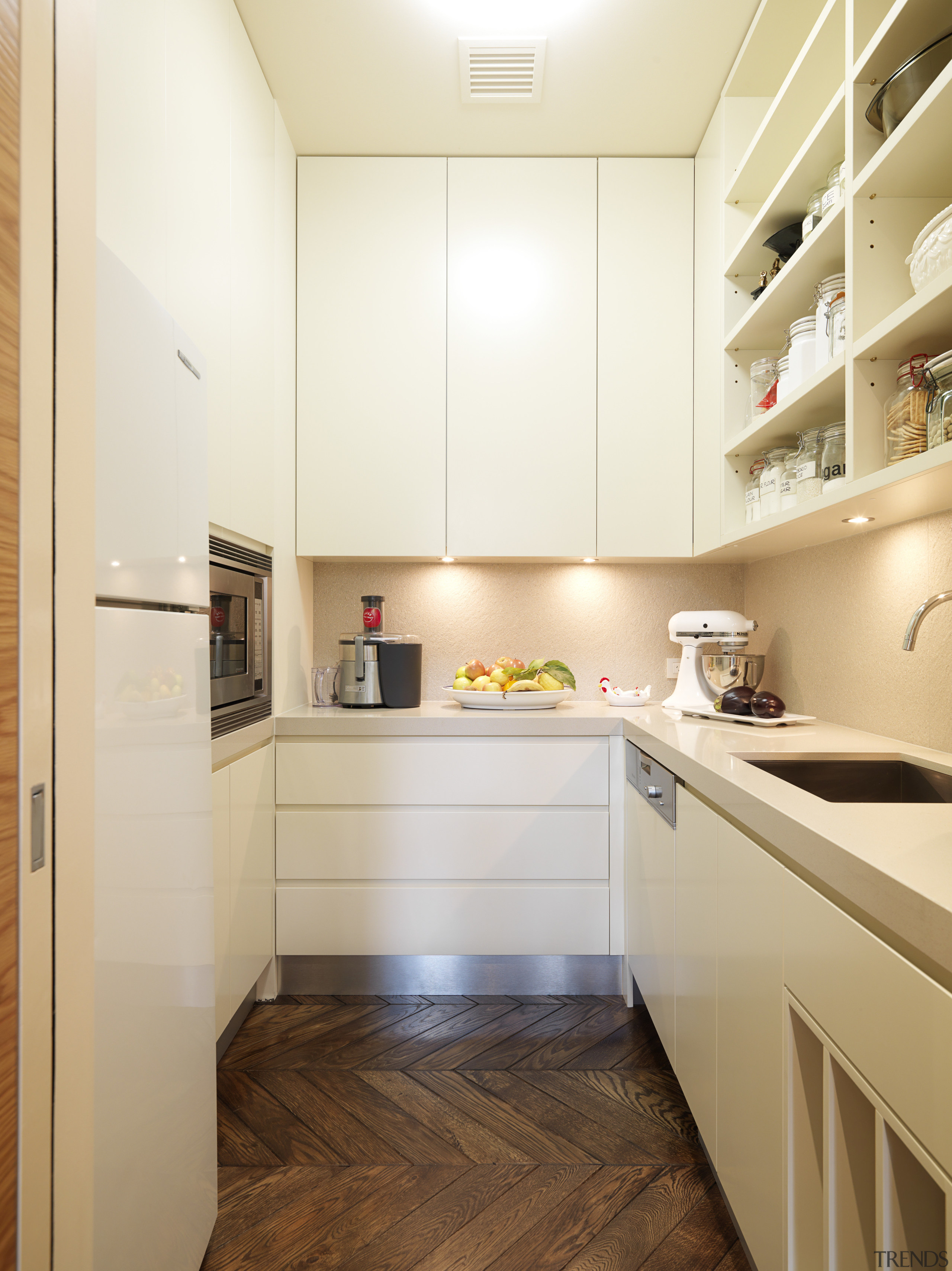 Kitchen designer Keith Sheedy worked in close contact cabinetry, ceiling, countertop, floor, home, interior design, kitchen, property, real estate, room, white, orange