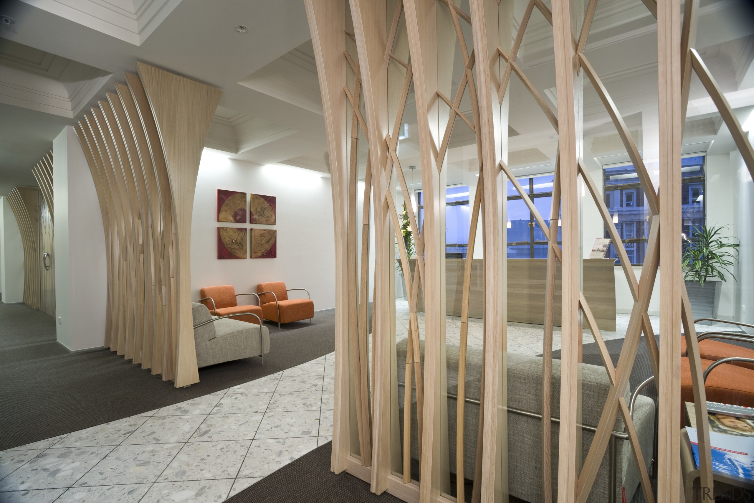 View of the main entrance area which features architecture, ceiling, daylighting, estate, floor, flooring, interior design, property, real estate, structure, wood, gray