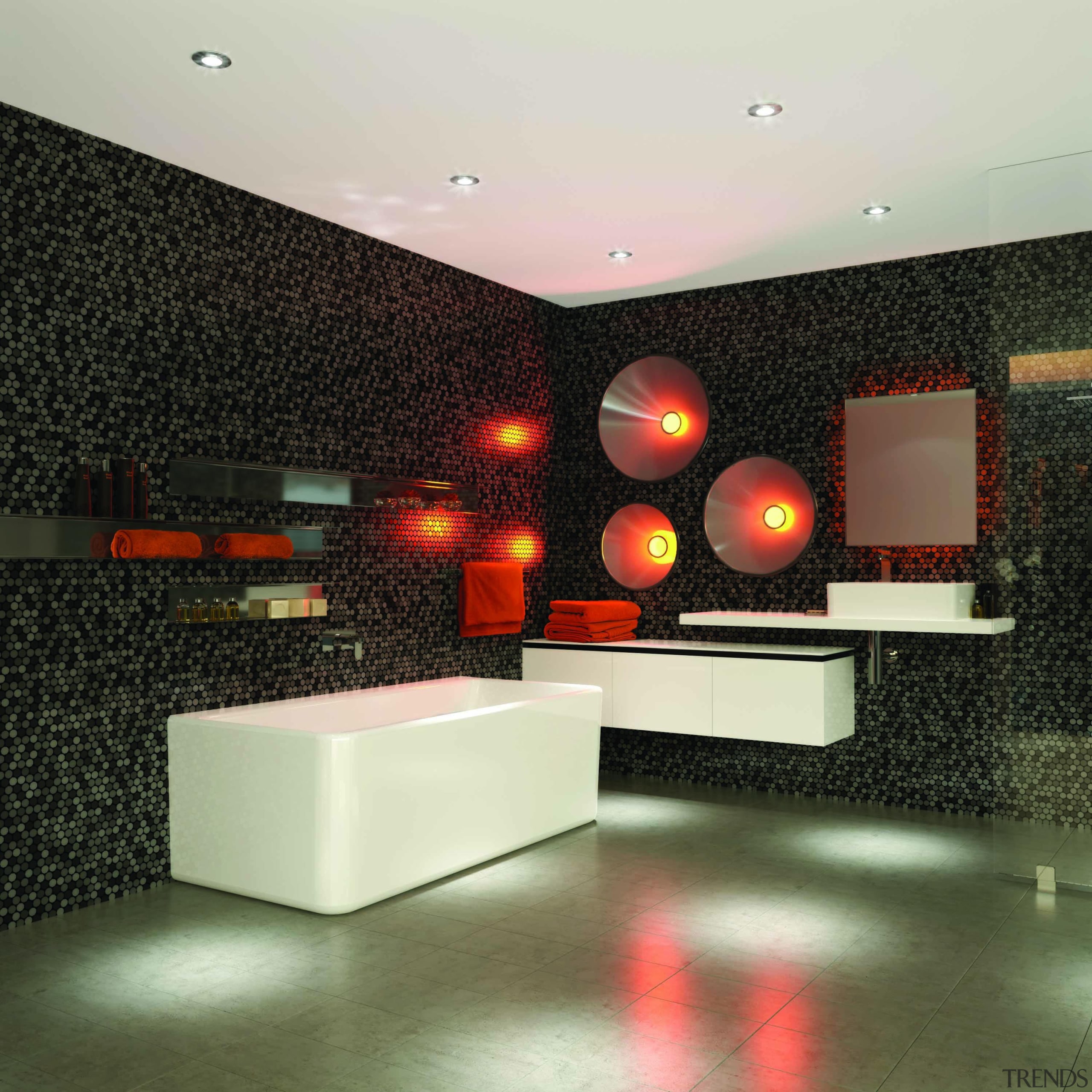 Caroma Cube Back to Wall Bath: A bath ceiling, floor, flooring, interior design, lighting, product design, table, wall, black