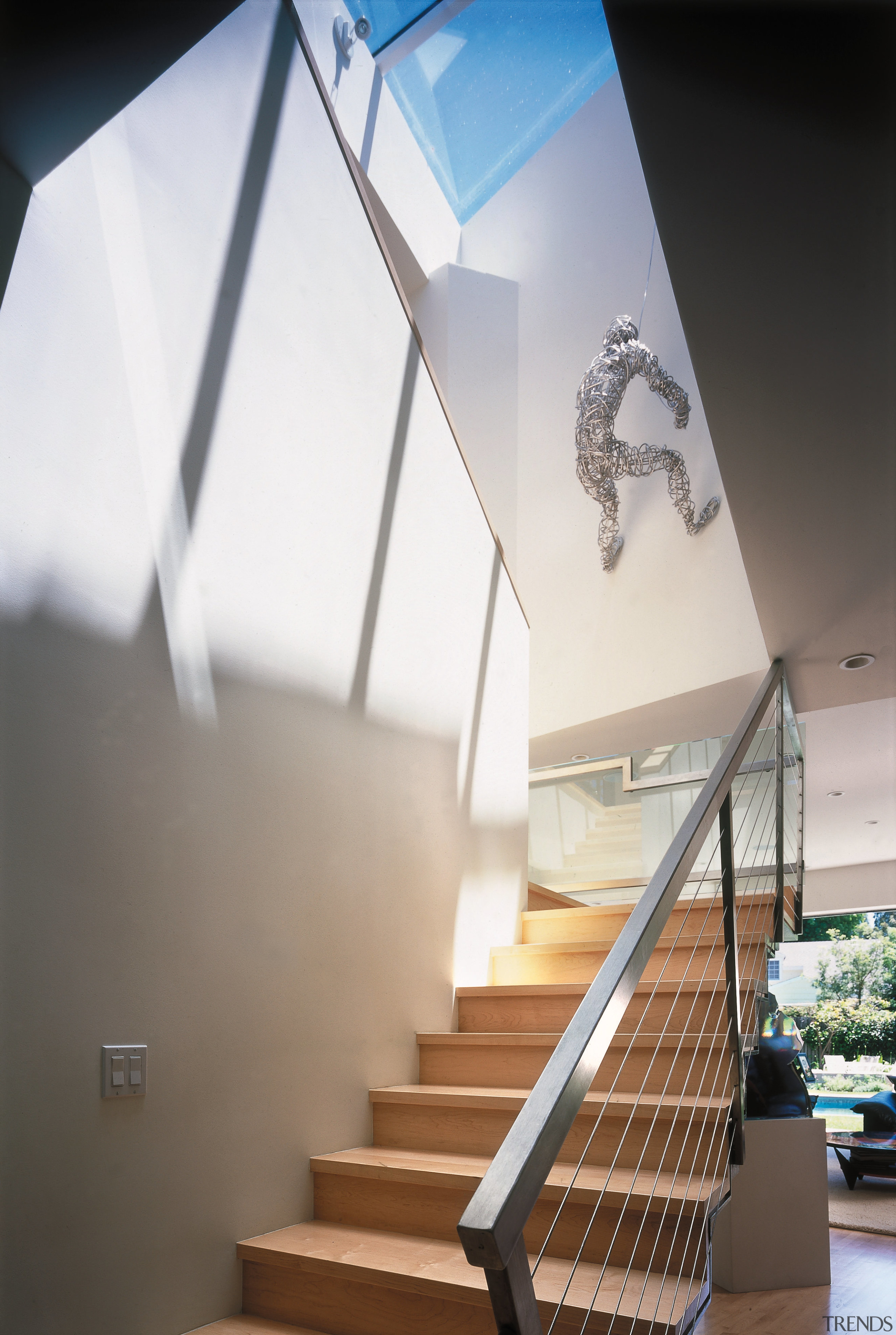 view of the stairway featuring stained/varnished timber steps angle, architecture, ceiling, daylighting, glass, handrail, home, house, interior design, product design, stairs, white