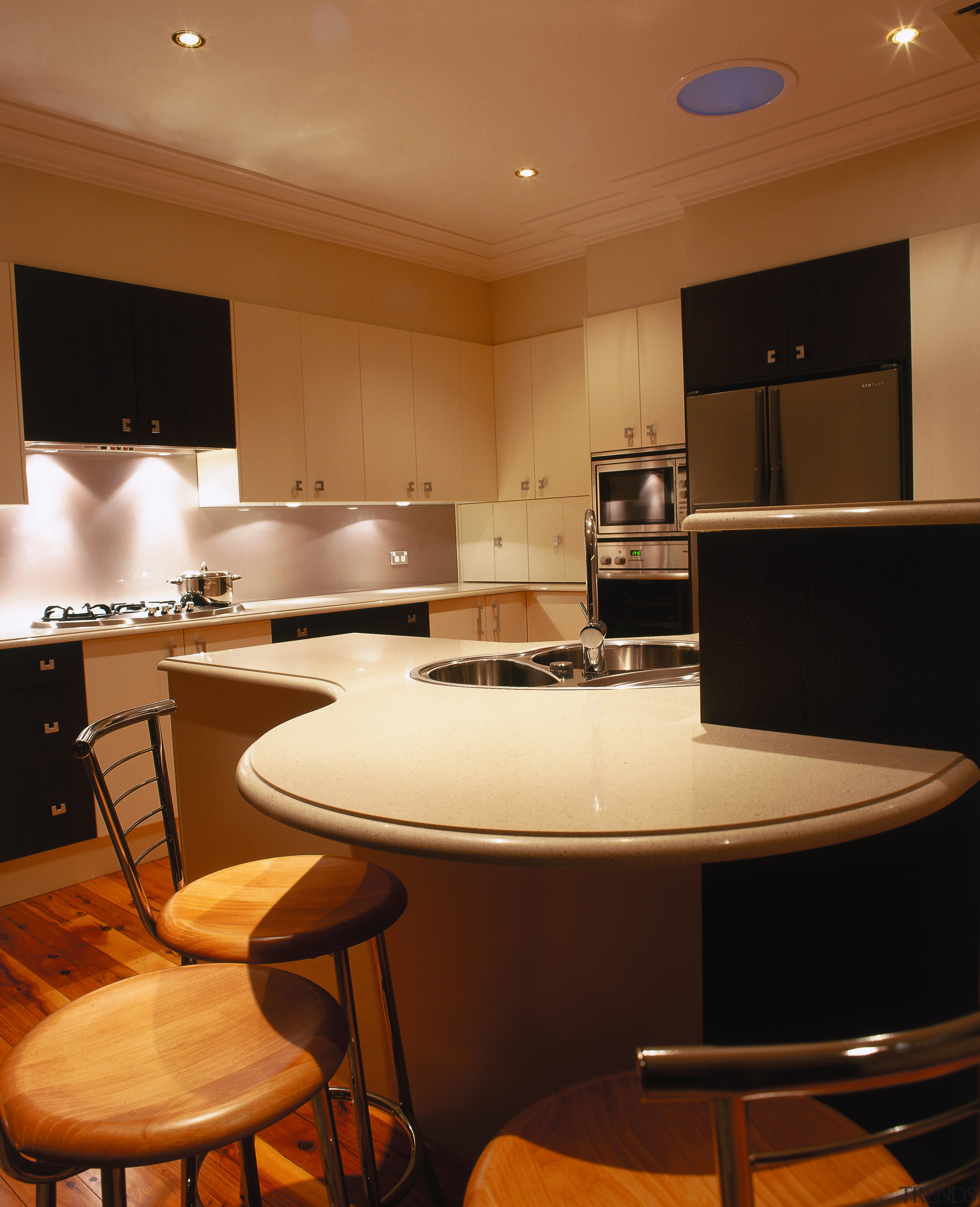 view of the custom made stone benchtop - ceiling, countertop, interior design, kitchen, lighting, room, brown, black