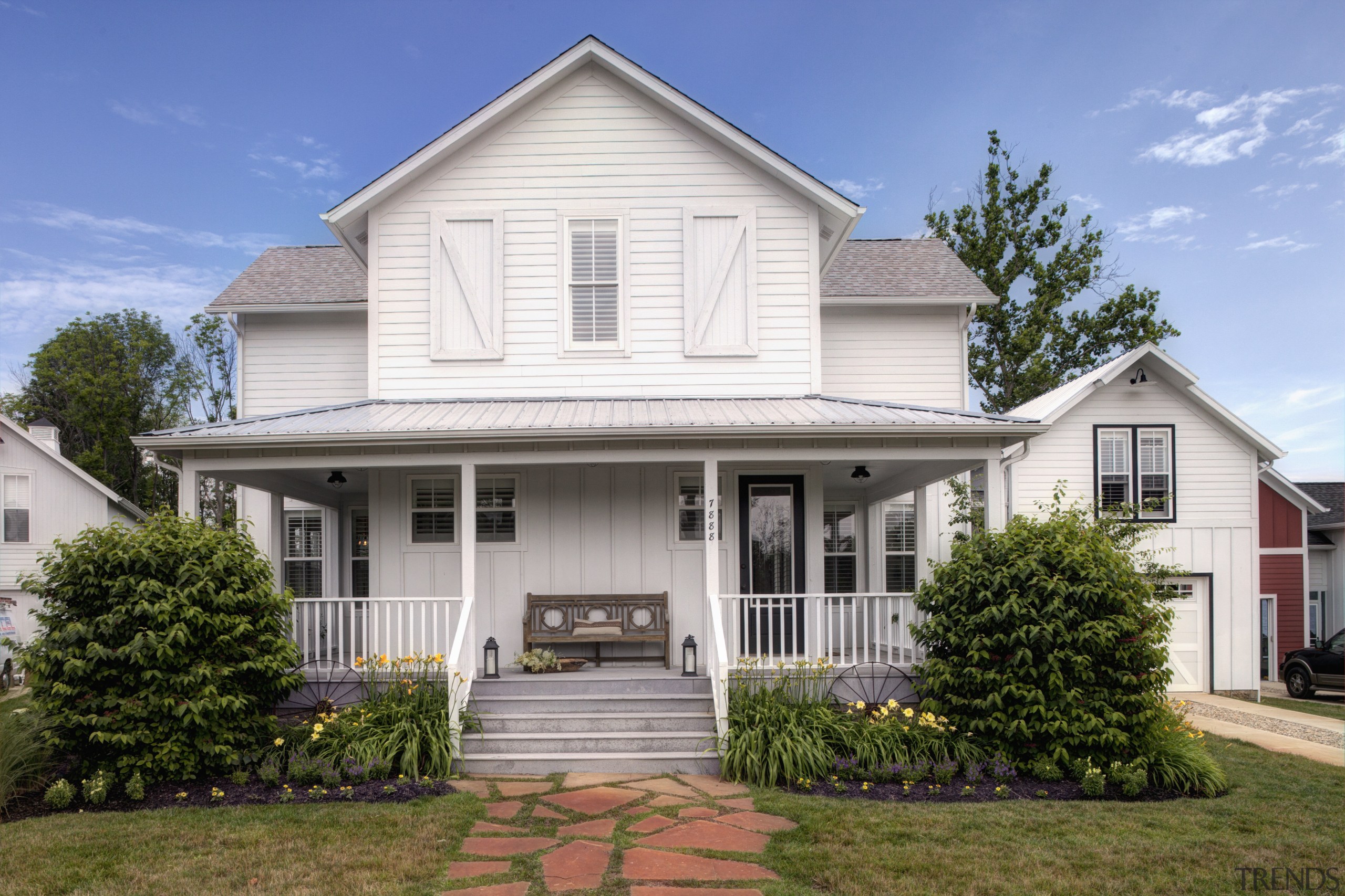 Front facade of a white, three-storey, Amish-style home, building, cottage, elevation, estate, facade, farmhouse, historic house, home, house, neighbourhood, property, real estate, residential area, roof, siding, suburb, window, teal