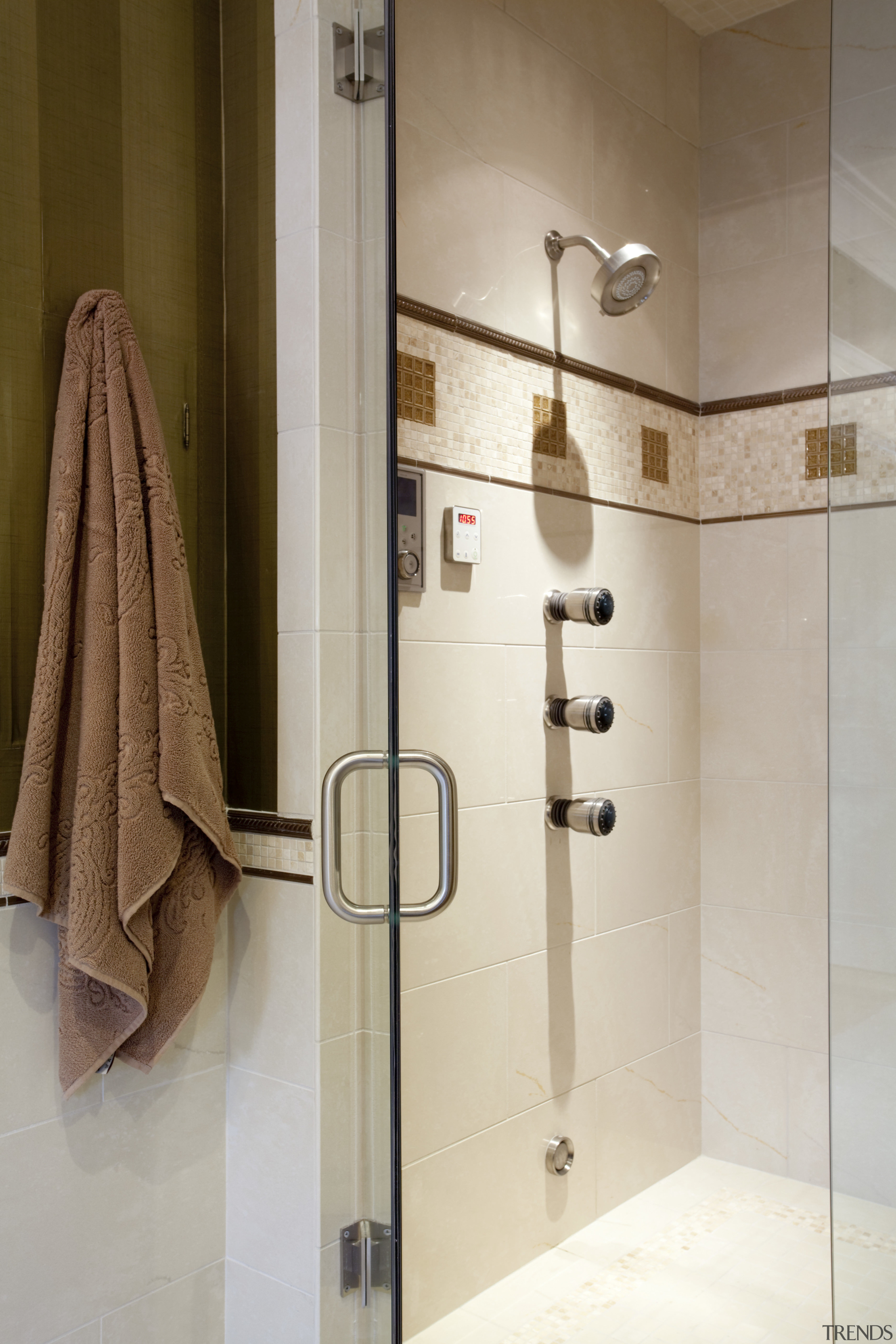 View of the shower enclosure with glass door, bathroom, floor, plumbing fixture, room, shower, tap, tile, gray, brown