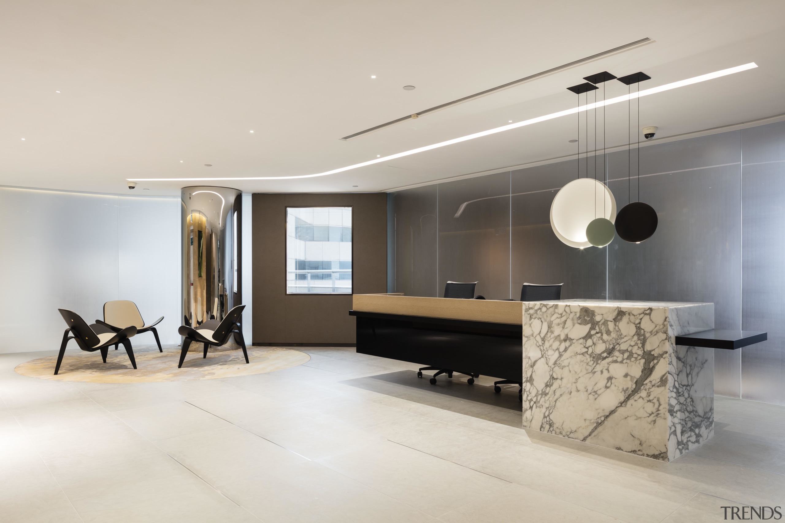 The cantilevered reception desk in this upmarket office ceiling, floor, flooring, interior design, living room, lobby, product design, gray