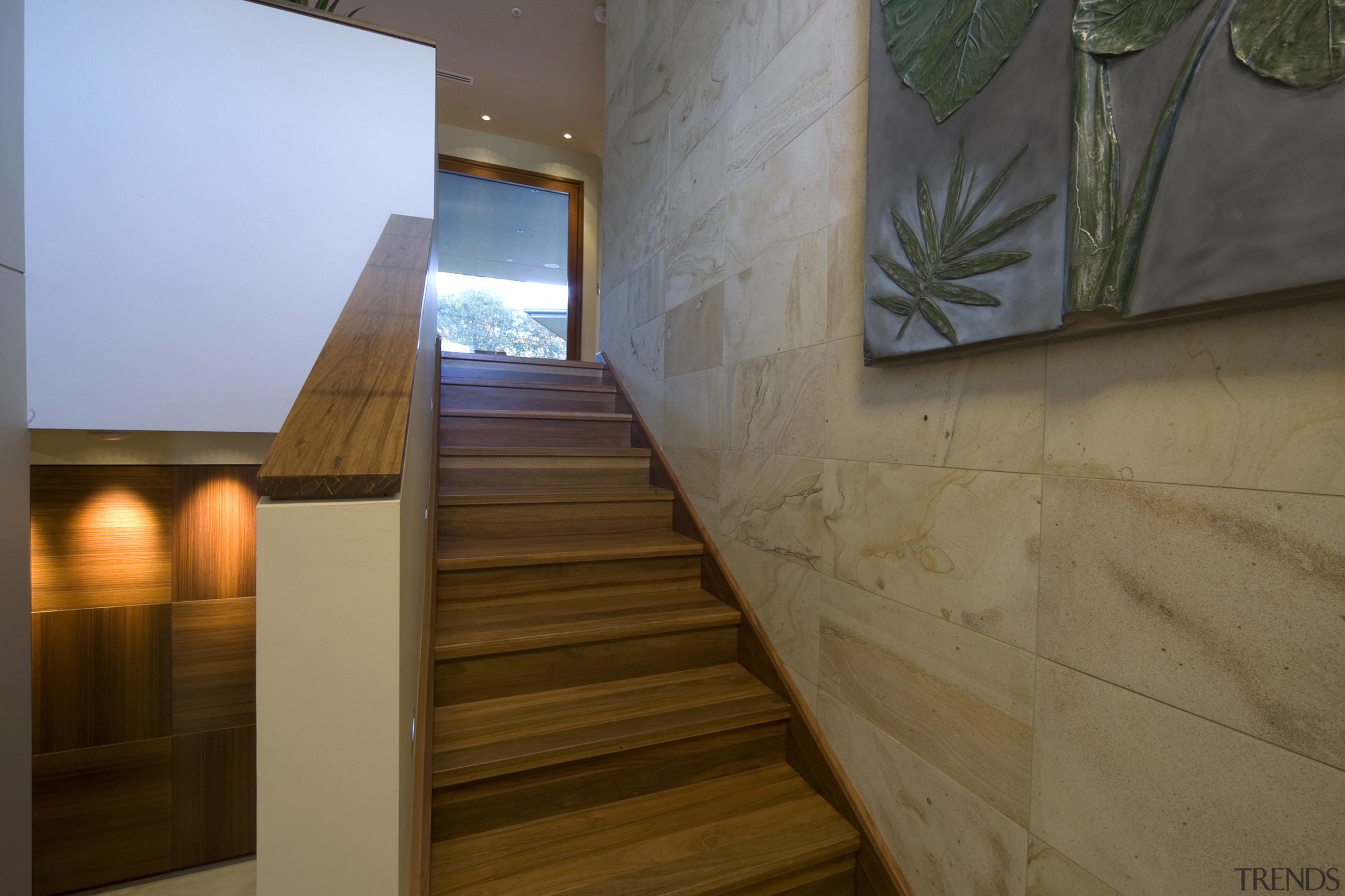 View of a stairway which features Golden Palimo architecture, daylighting, floor, handrail, hardwood, home, house, interior design, real estate, stairs, wall, wood, brown