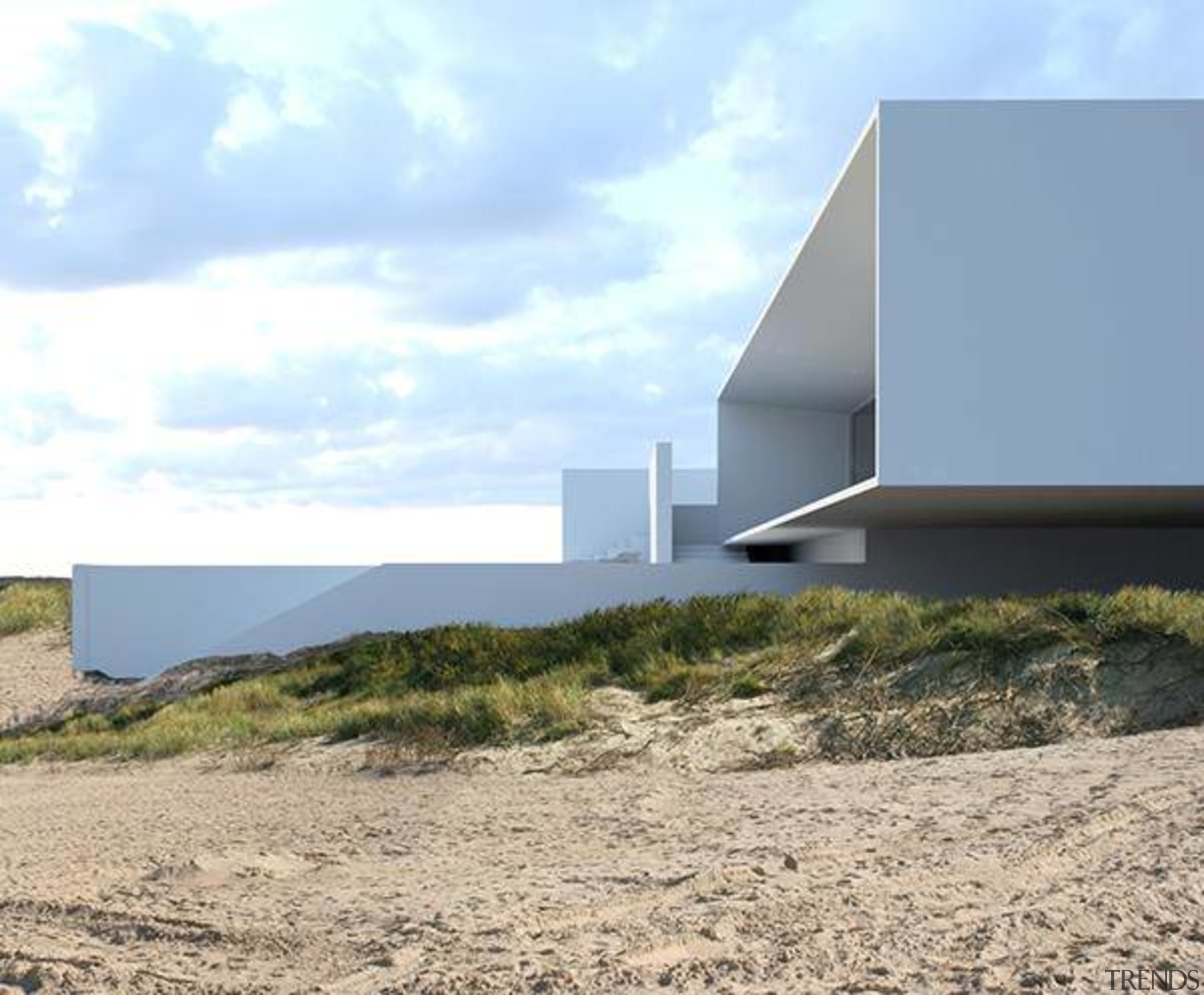 Side view of cantilevered section of the house architecture, house, property, real estate, sky, gray, white