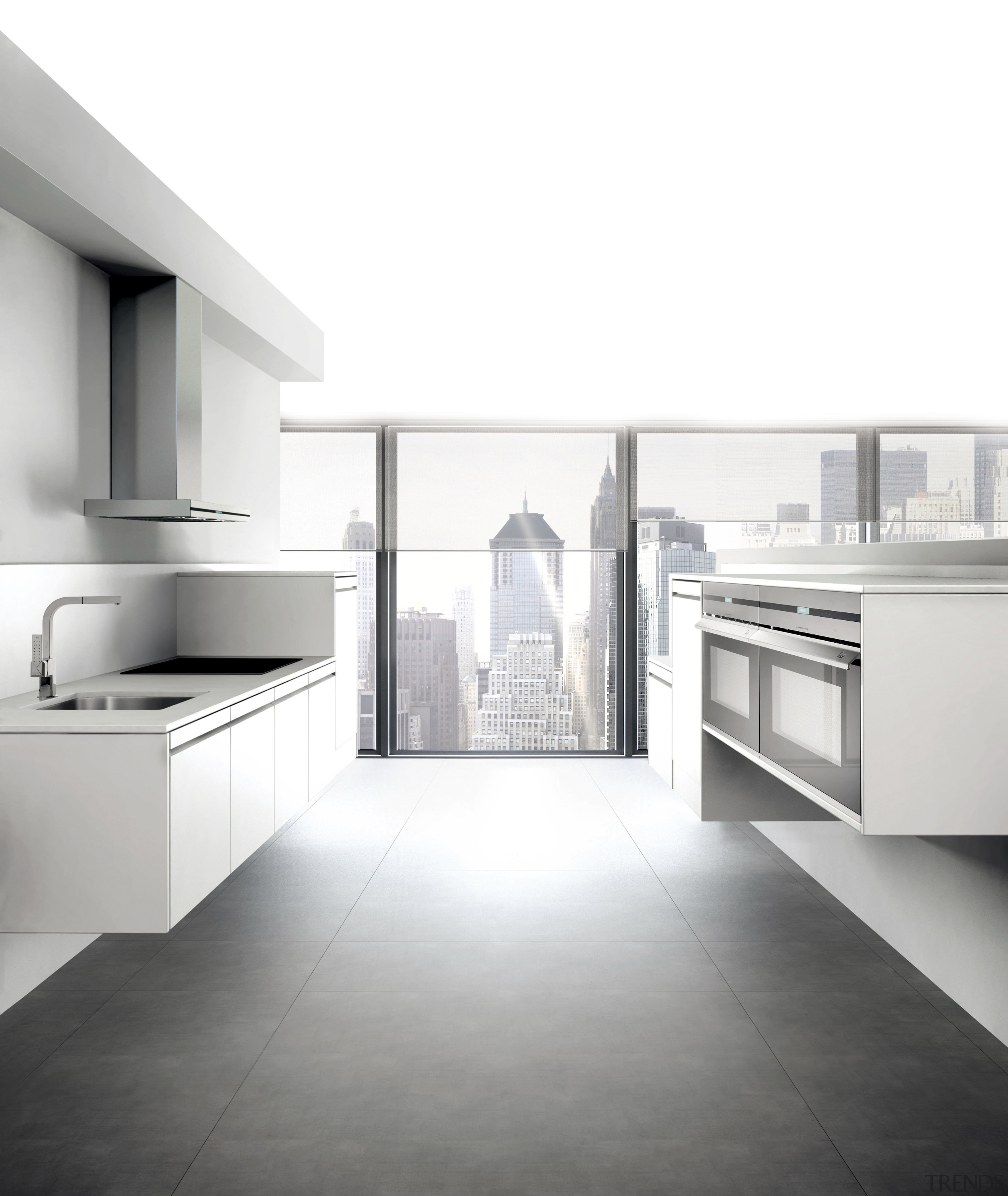 View of a modern kitchen which features appliances angle, architecture, floor, furniture, home appliance, interior design, kitchen, product, product design, tap, white