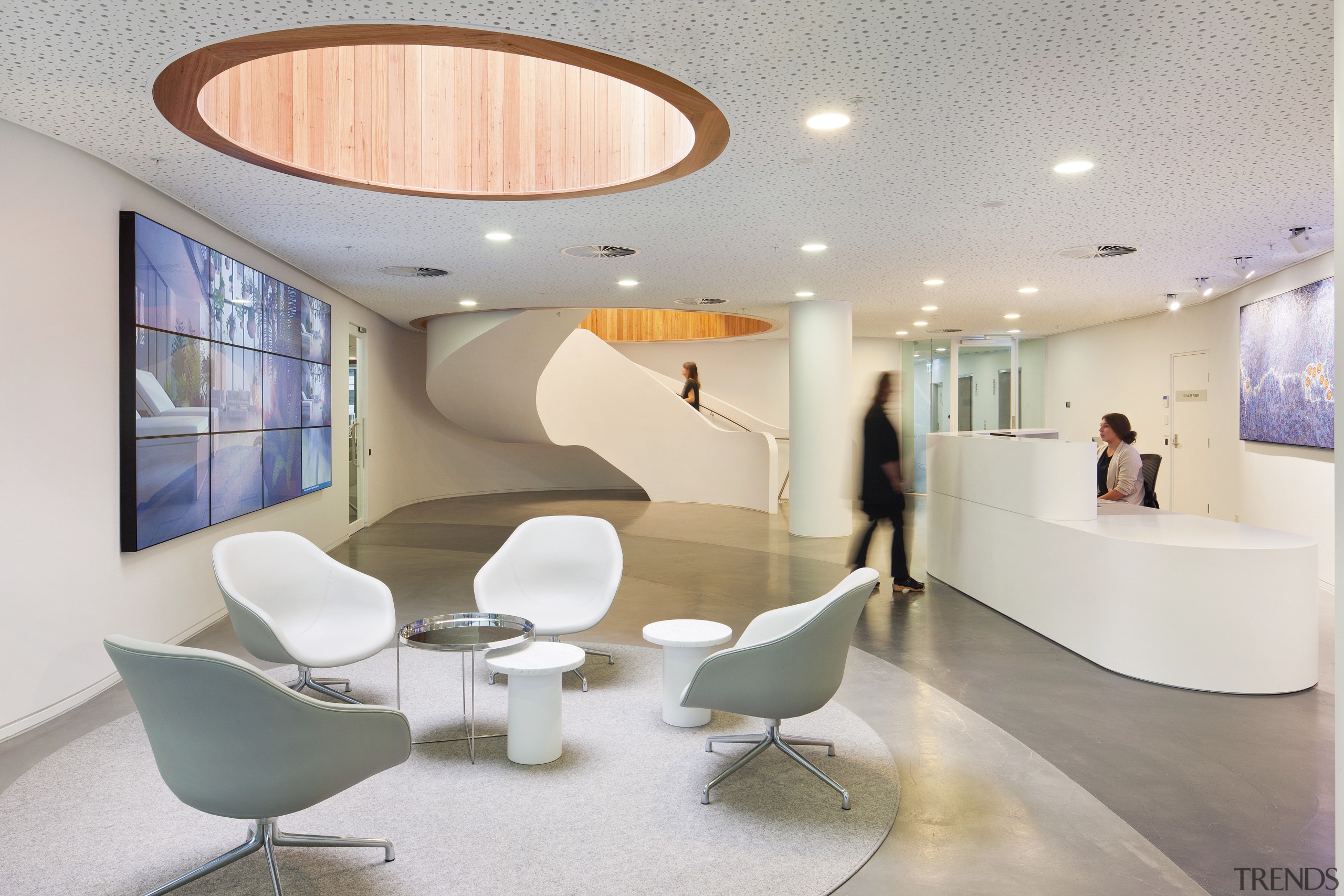 From the reception desk to the ceiling, seating architecture, ceiling, furniture, interior design, lobby, office, product design, waiting room, gray