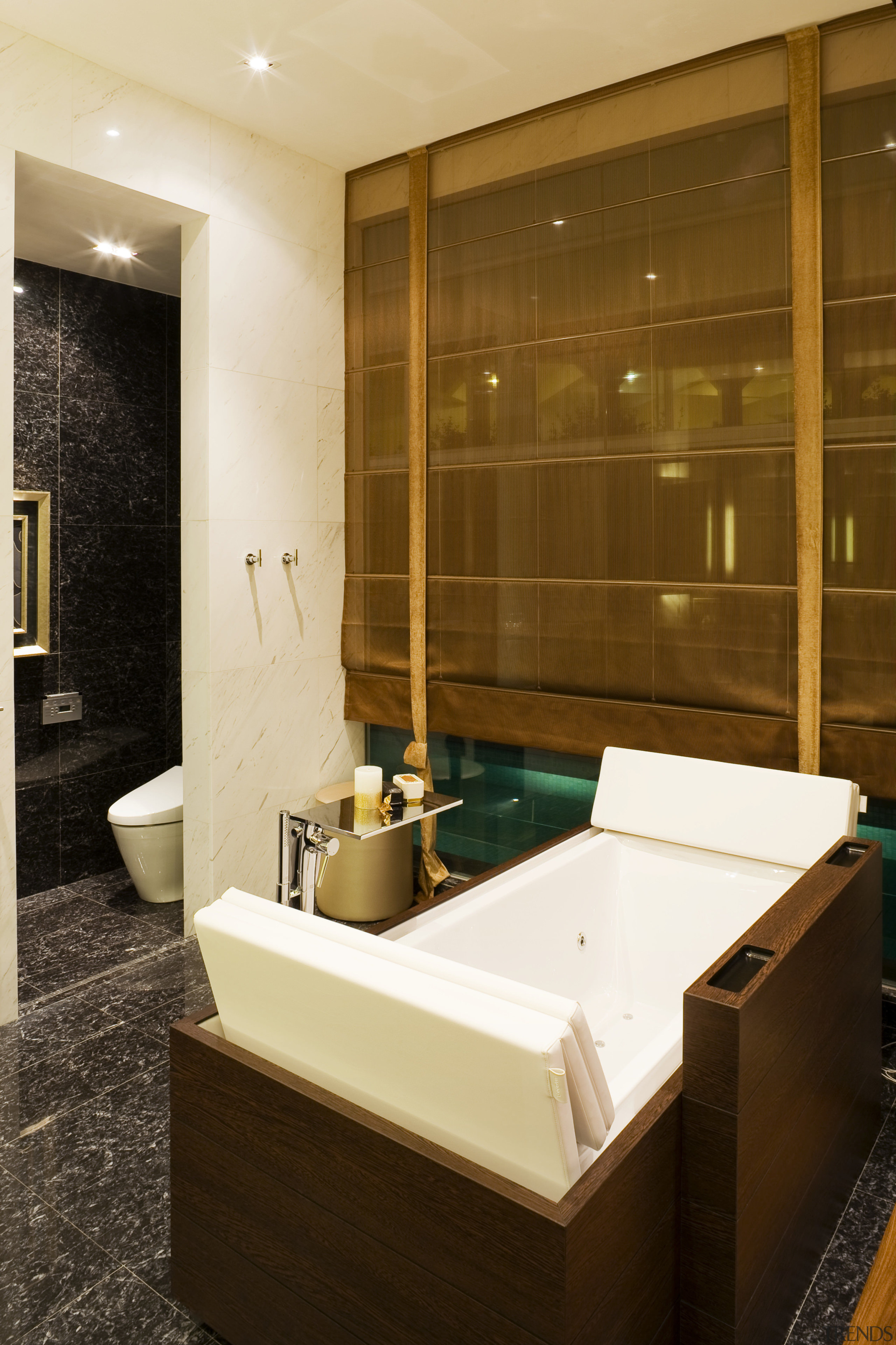 View of the bathtub which has a cover bathroom, interior design, room, suite, brown