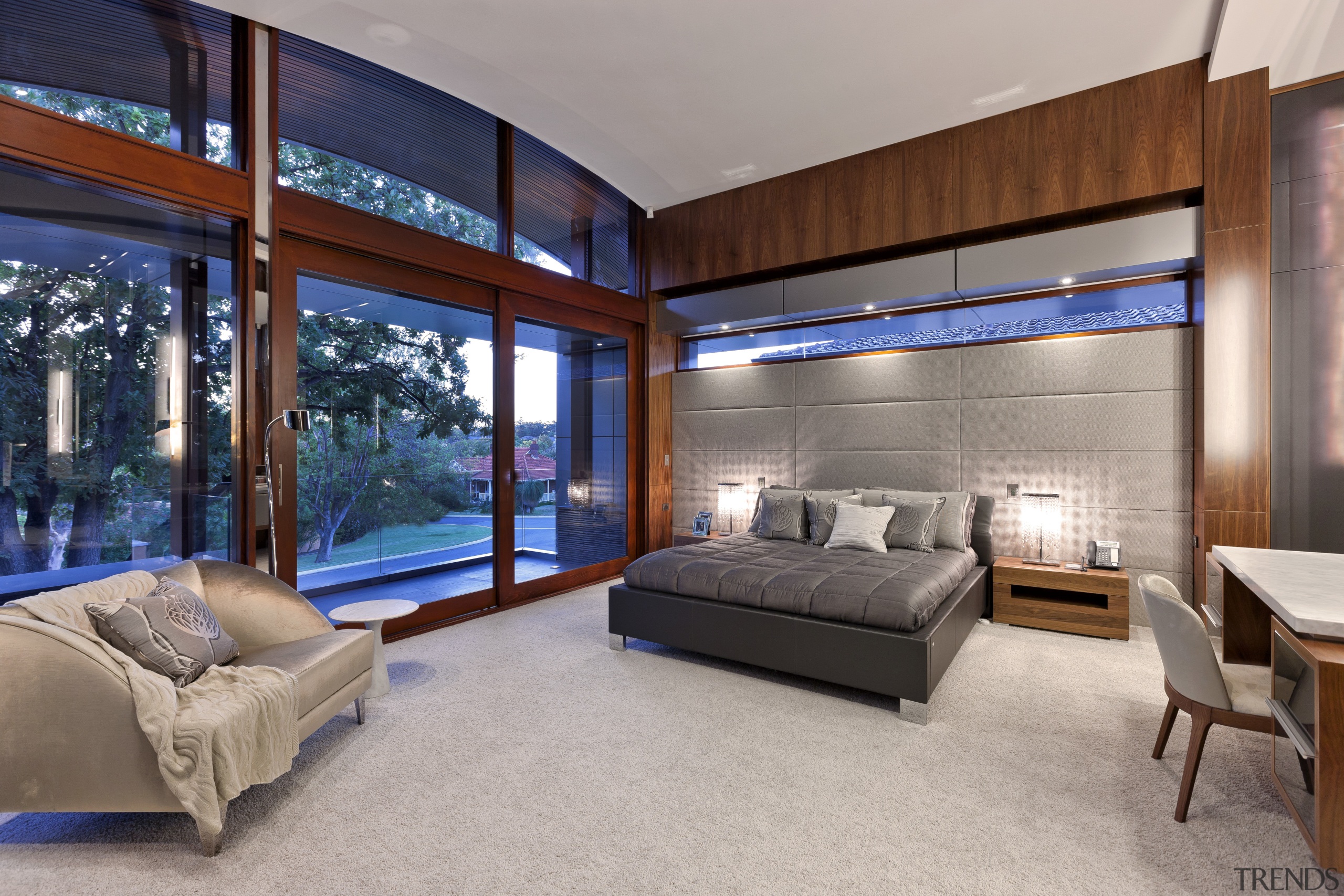 Modern master bedroom - Modern master bedroom - architecture, bedroom, ceiling, estate, house, interior design, real estate, room, window, wood, gray