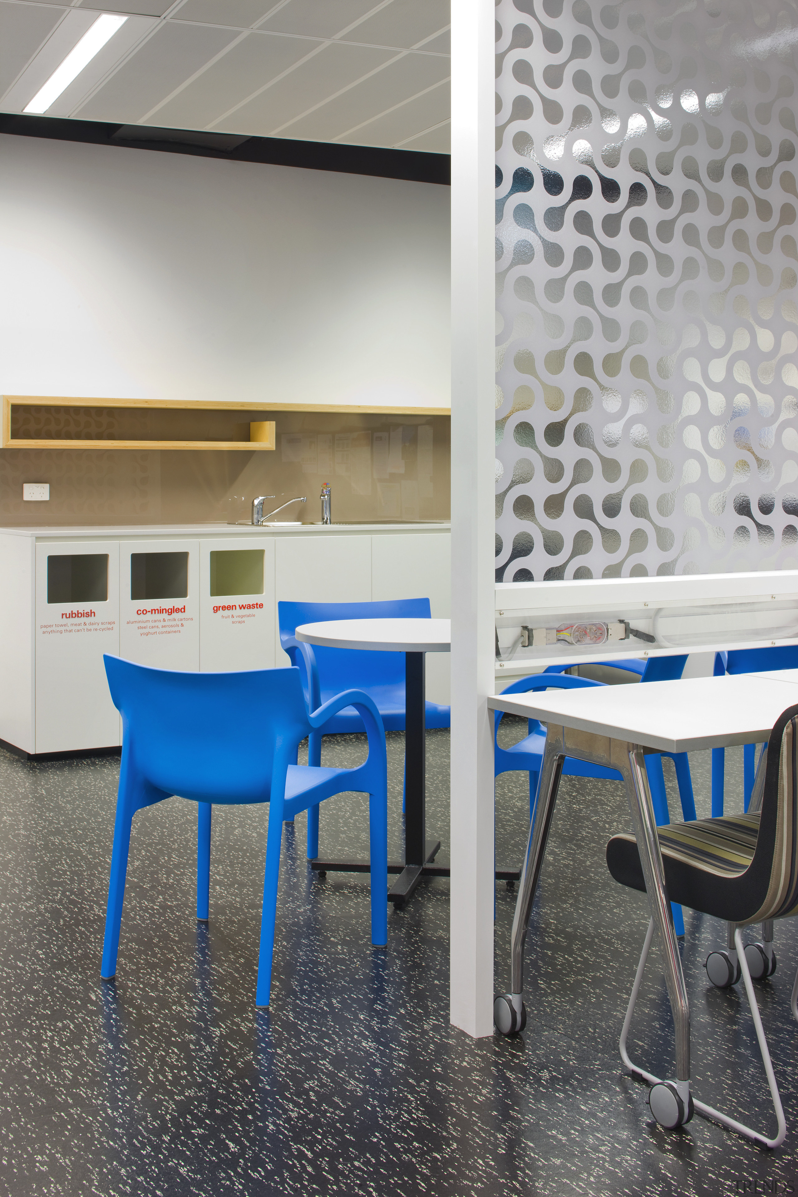 View of staff cafeteria with tables and blue architecture, chair, classroom, floor, flooring, furniture, interior design, product design, table, gray, white