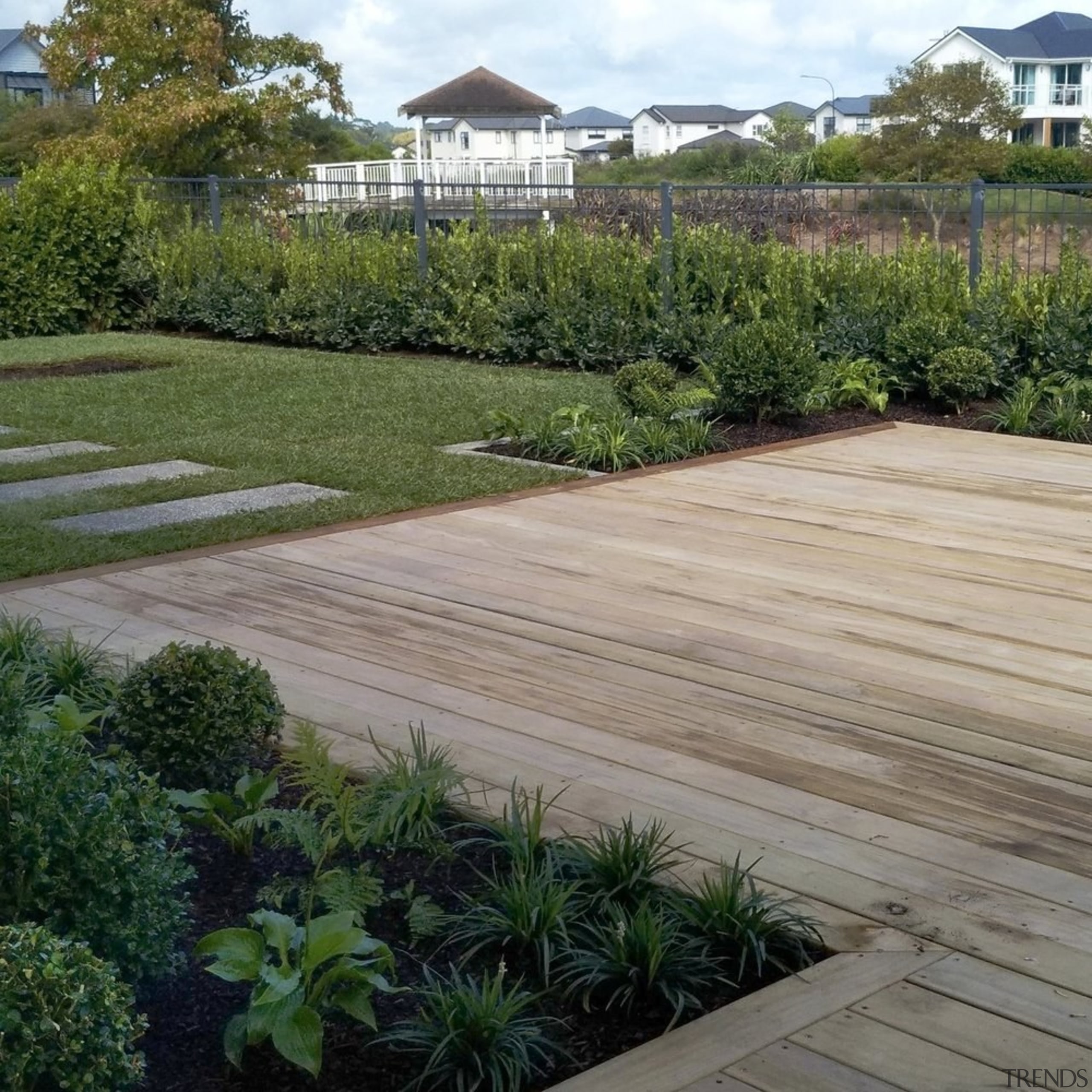 Experienced landscapers will draw on both practical and backyard, garden, grass, groundcover, home, land lot, landscape, landscaping, lawn, path, plant, property, real estate, residential area, road surface, roof, shrub, tree, walkway, yard, gray, brown