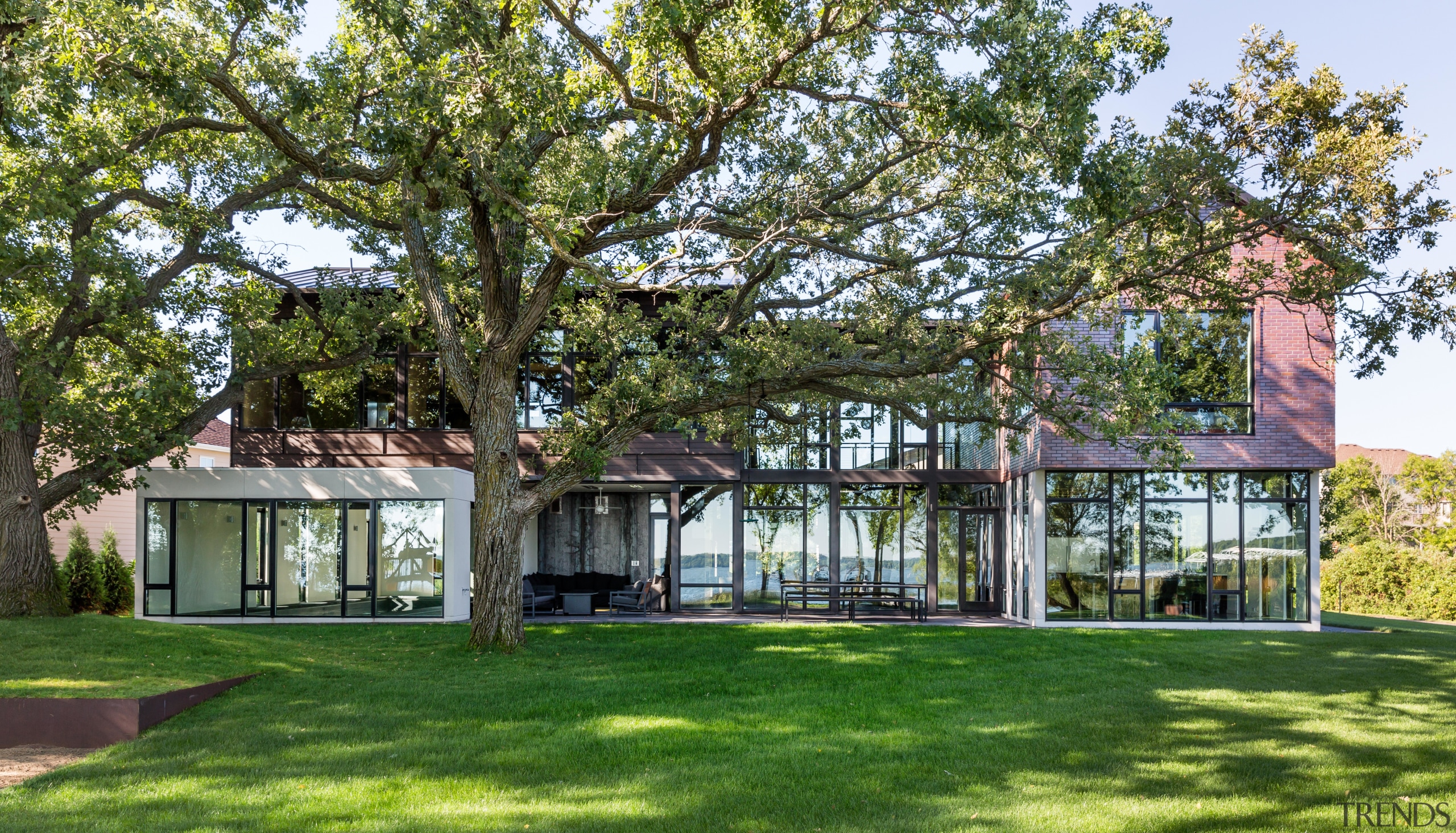 The large mature oak trees that existed on backyard, cottage, estate, farmhouse, grass, home, house, land lot, landscape, lawn, plant, plantation, property, real estate, tree, yard, green