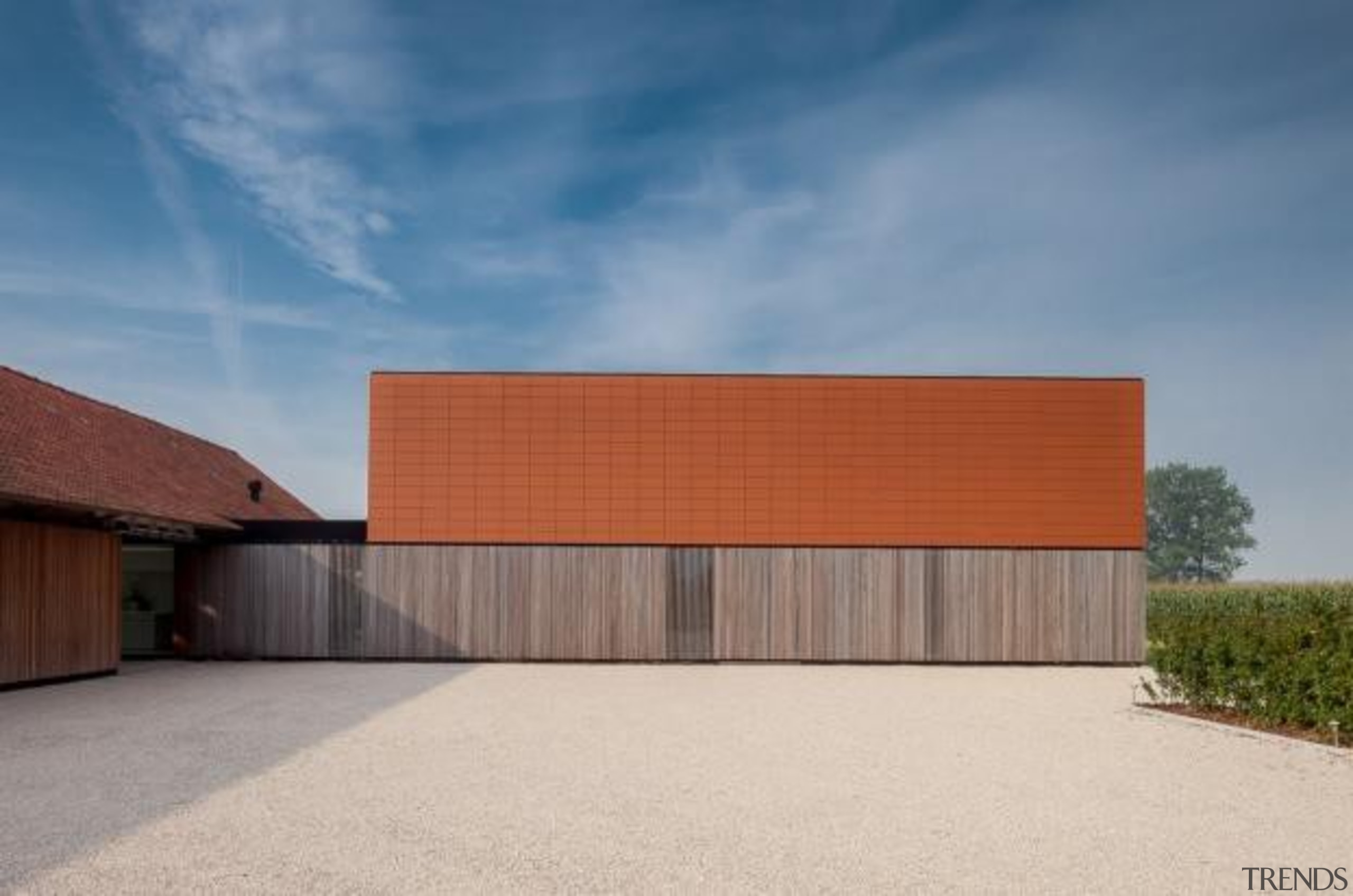 Single family house barn extension, Lokeren, BelgiumPascal Francois architecture, building, facade, home, house, property, real estate, roof, shed, sky, teal, gray