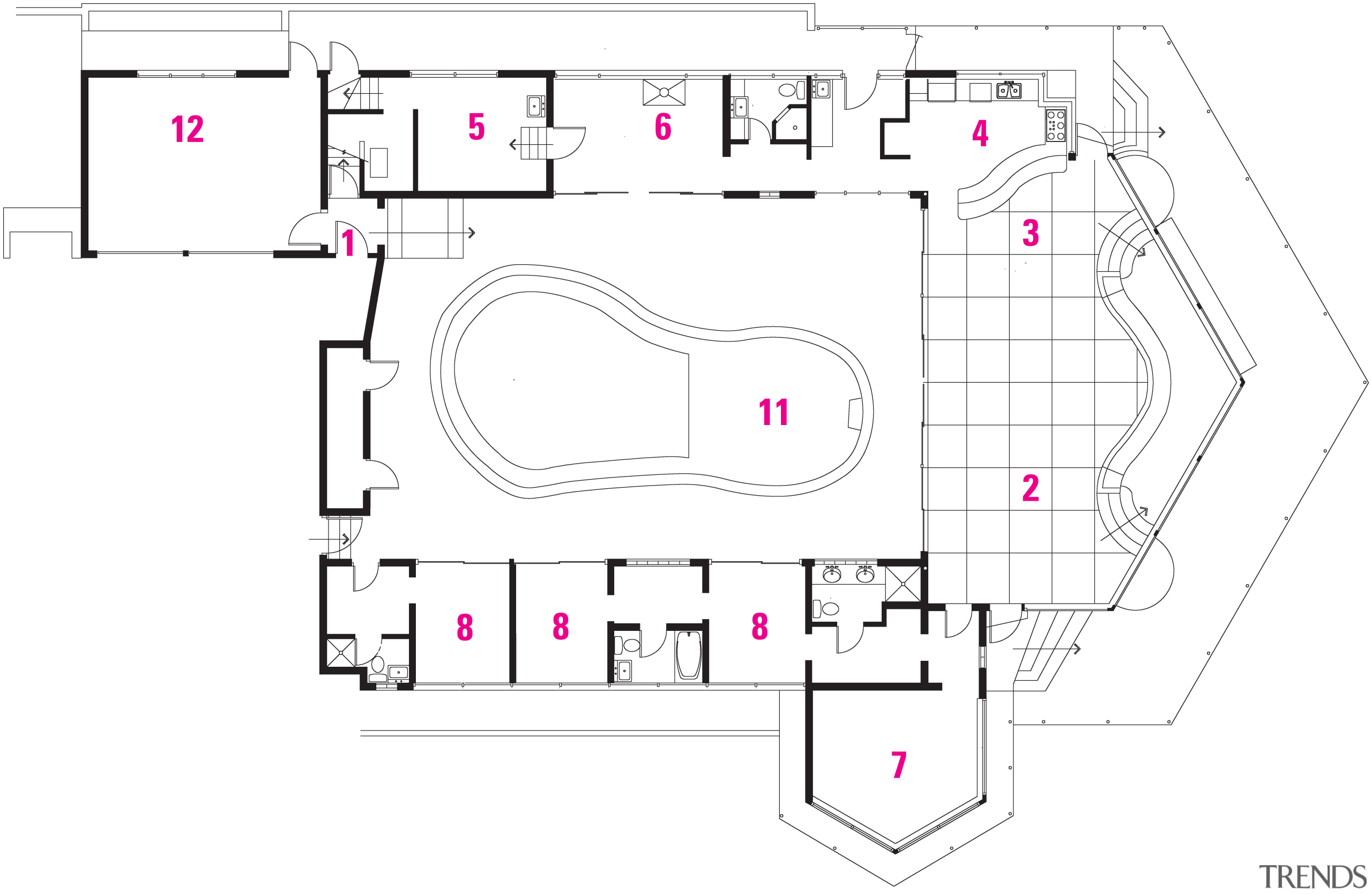 View of the oceanfront Butterfly House in Carmel area, design, diagram, drawing, floor plan, line, plan, product, product design, text, white