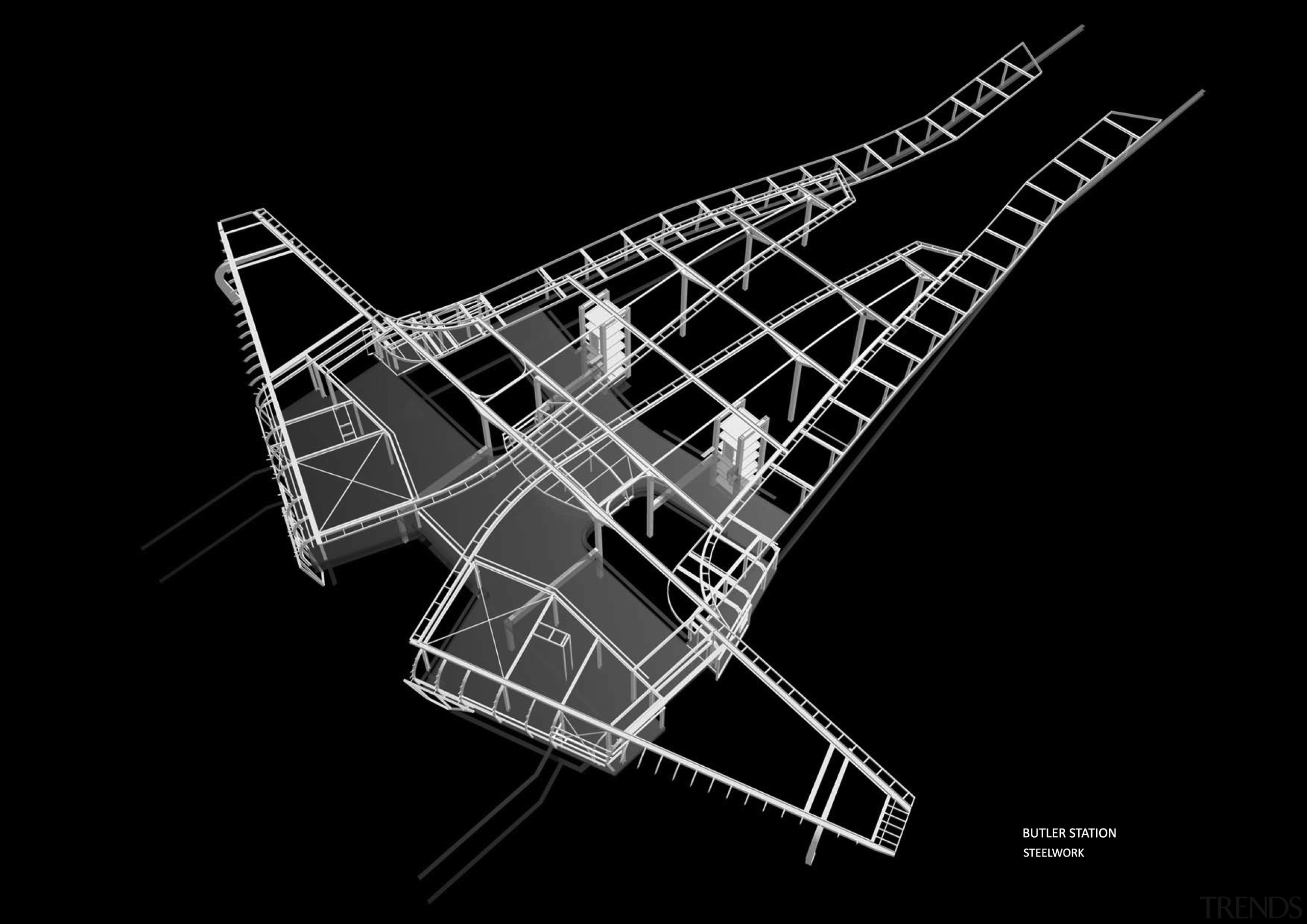 This diagram highlights the steelwork on the new black and white, design, font, line, monochrome, monochrome photography, pattern, product design, string instrument, structure, black