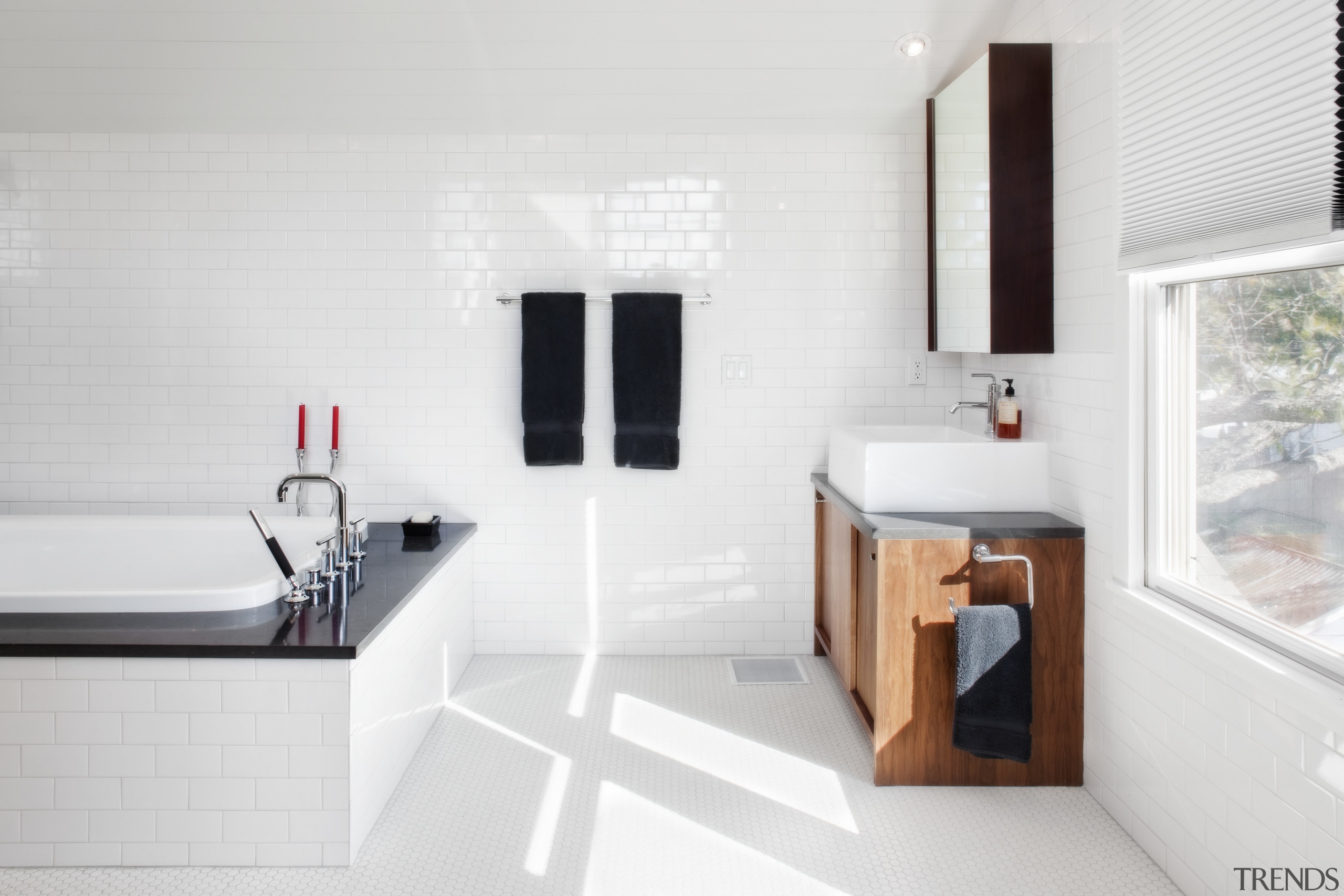 View of white bathroom with small wooden vanity bathroom, bathroom accessory, floor, interior design, plumbing fixture, product design, room, sink, tap, white