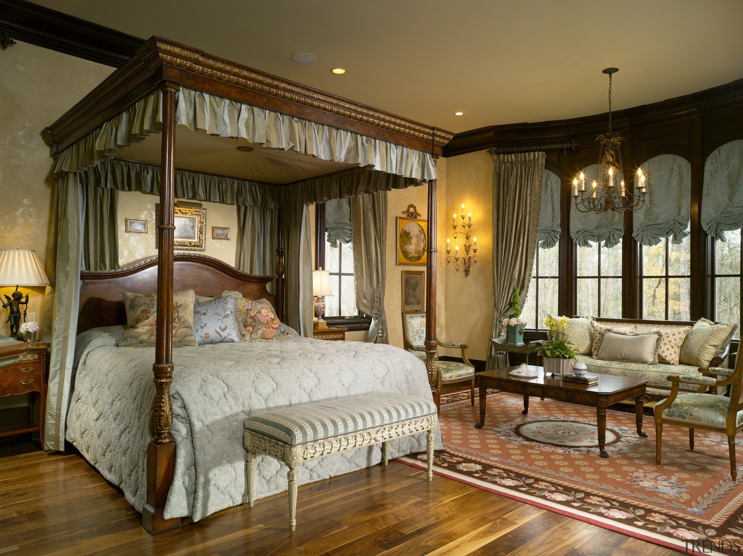 View of Tuscan-style master bedroom featuring four-post bed bed, bed frame, bedroom, ceiling, estate, four poster, furniture, home, interior design, living room, room, window, wood, brown