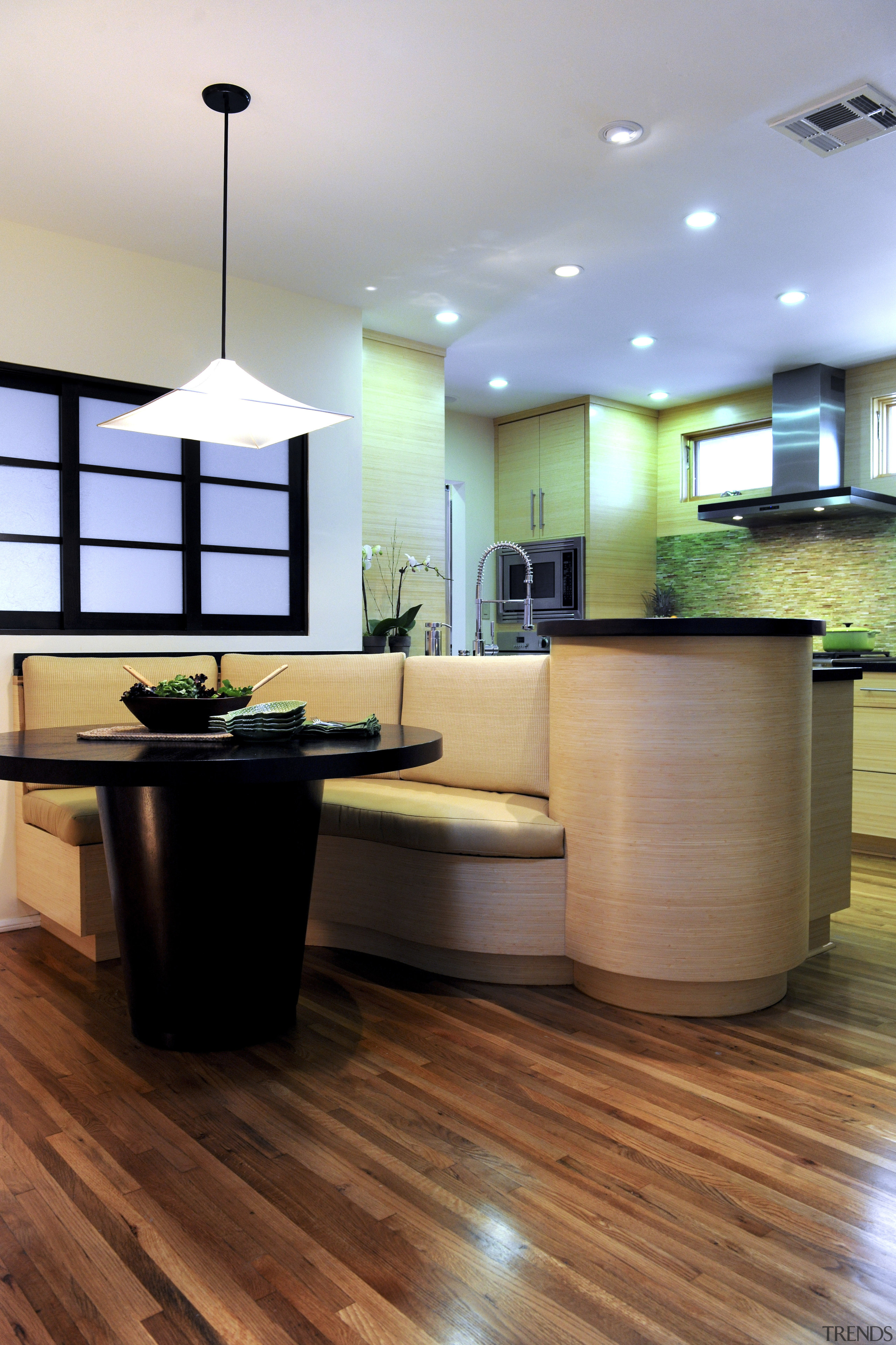 View of kitchen and dining area with Japanese ceiling, countertop, floor, flooring, hardwood, home, interior design, kitchen, laminate flooring, room, wood, wood flooring, brown