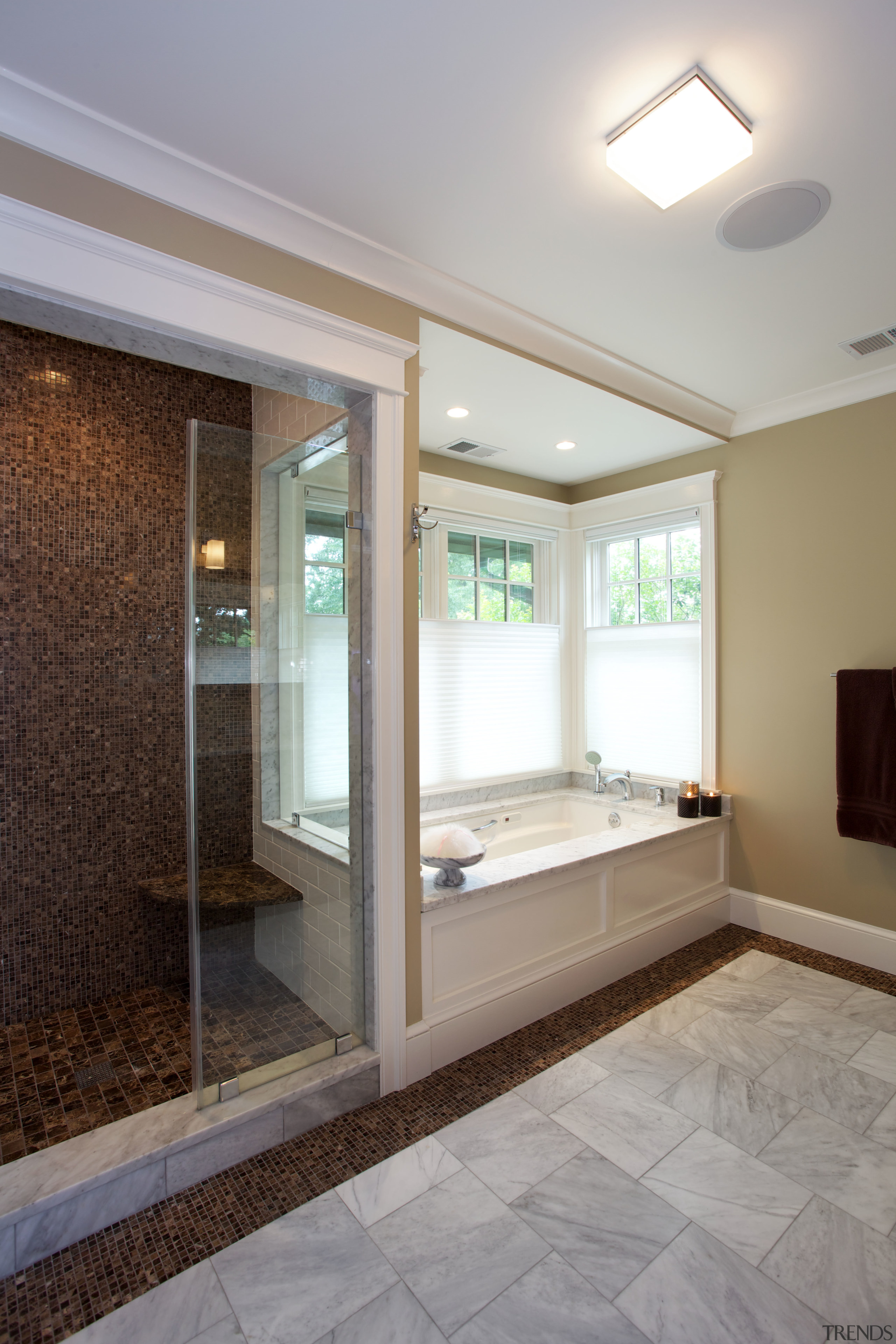 A master bathroom features an eclectic use of ceiling, daylighting, door, floor, flooring, home, interior design, real estate, room, window, gray