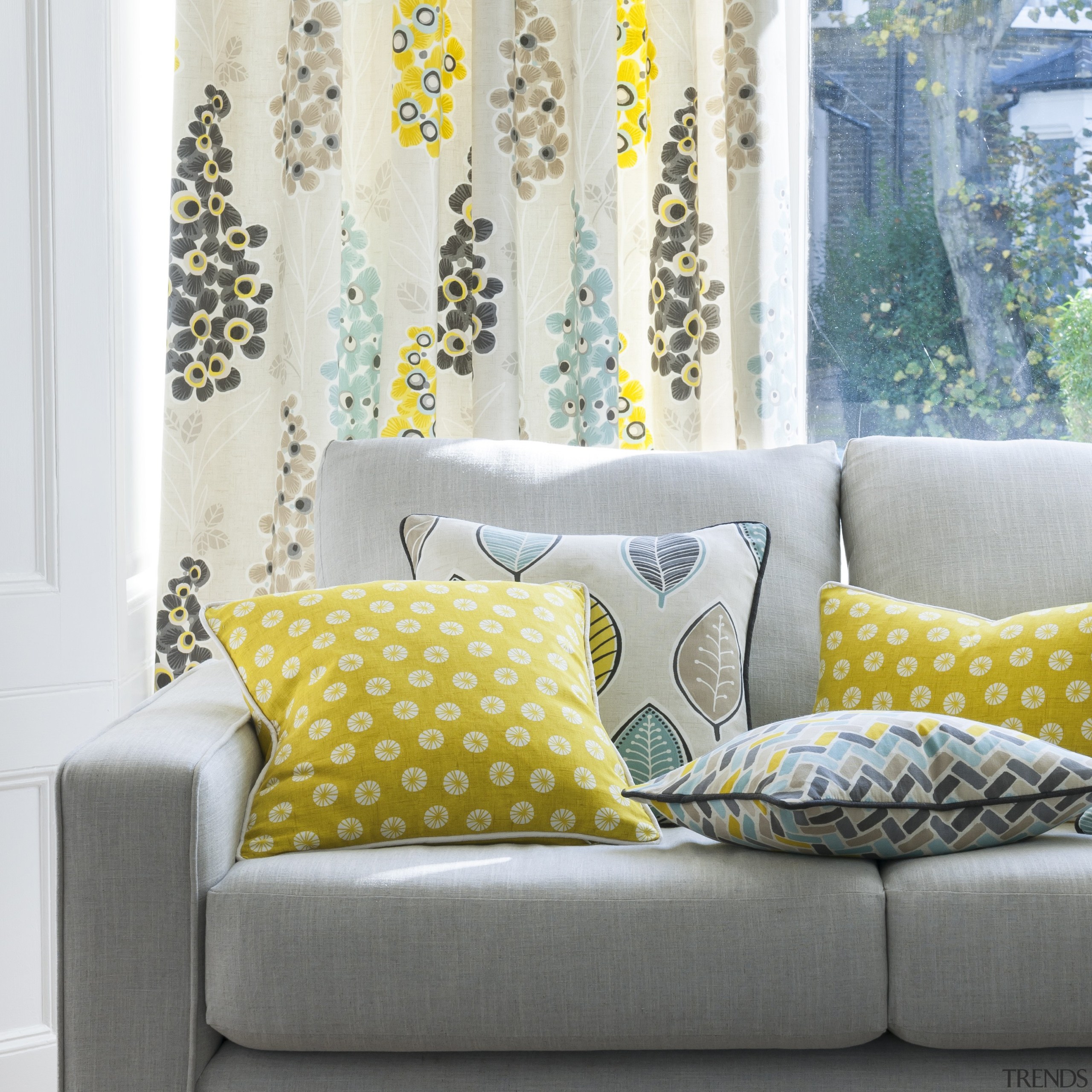 Harrisons Curtains - Harrisons Curtains - couch | couch, curtain, cushion, duvet cover, furniture, home, interior design, linens, living room, pattern, room, textile, wall, window, window covering, window treatment, yellow, white, gray