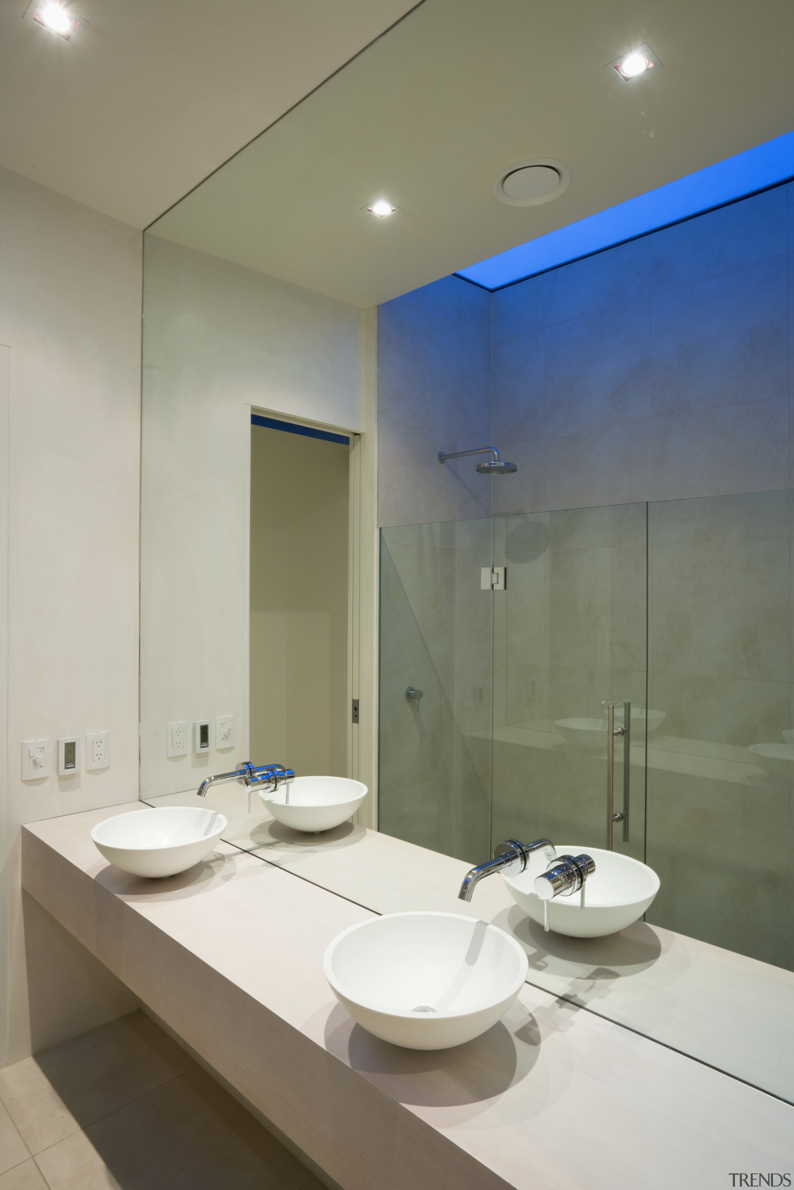 View of the bathroom bleached oak vanity with architecture, bathroom, ceiling, daylighting, interior design, product design, room, sink, brown, gray