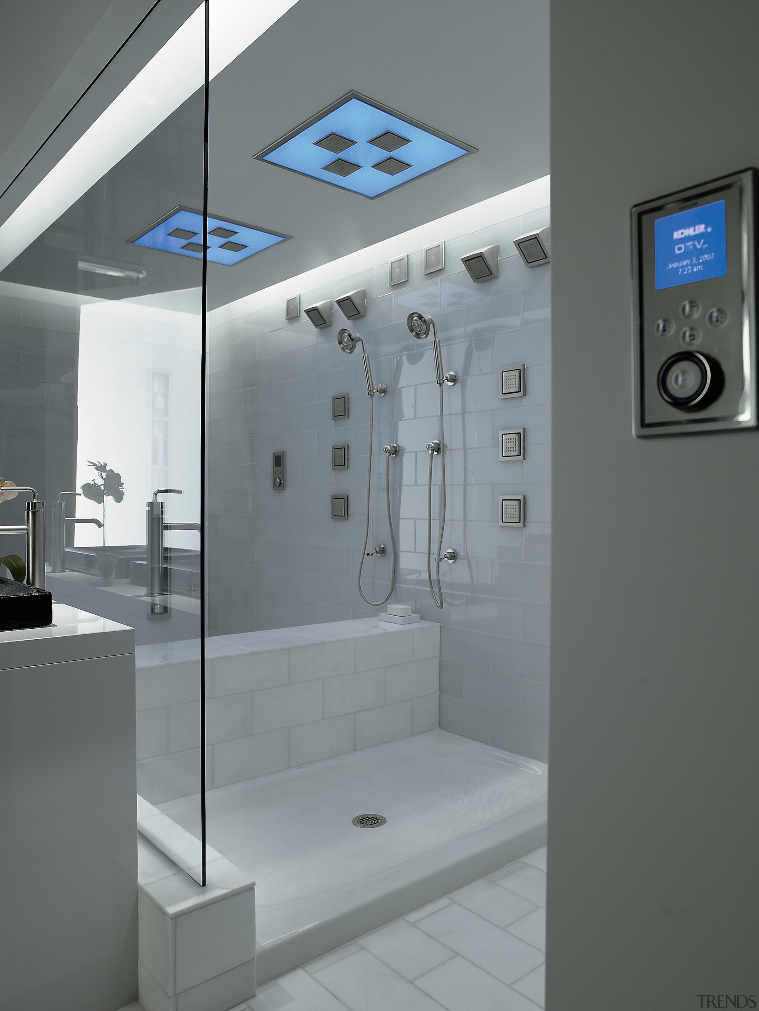 A view of the Kohler DTV ll control bathroom, glass, interior design, plumbing fixture, product design, gray