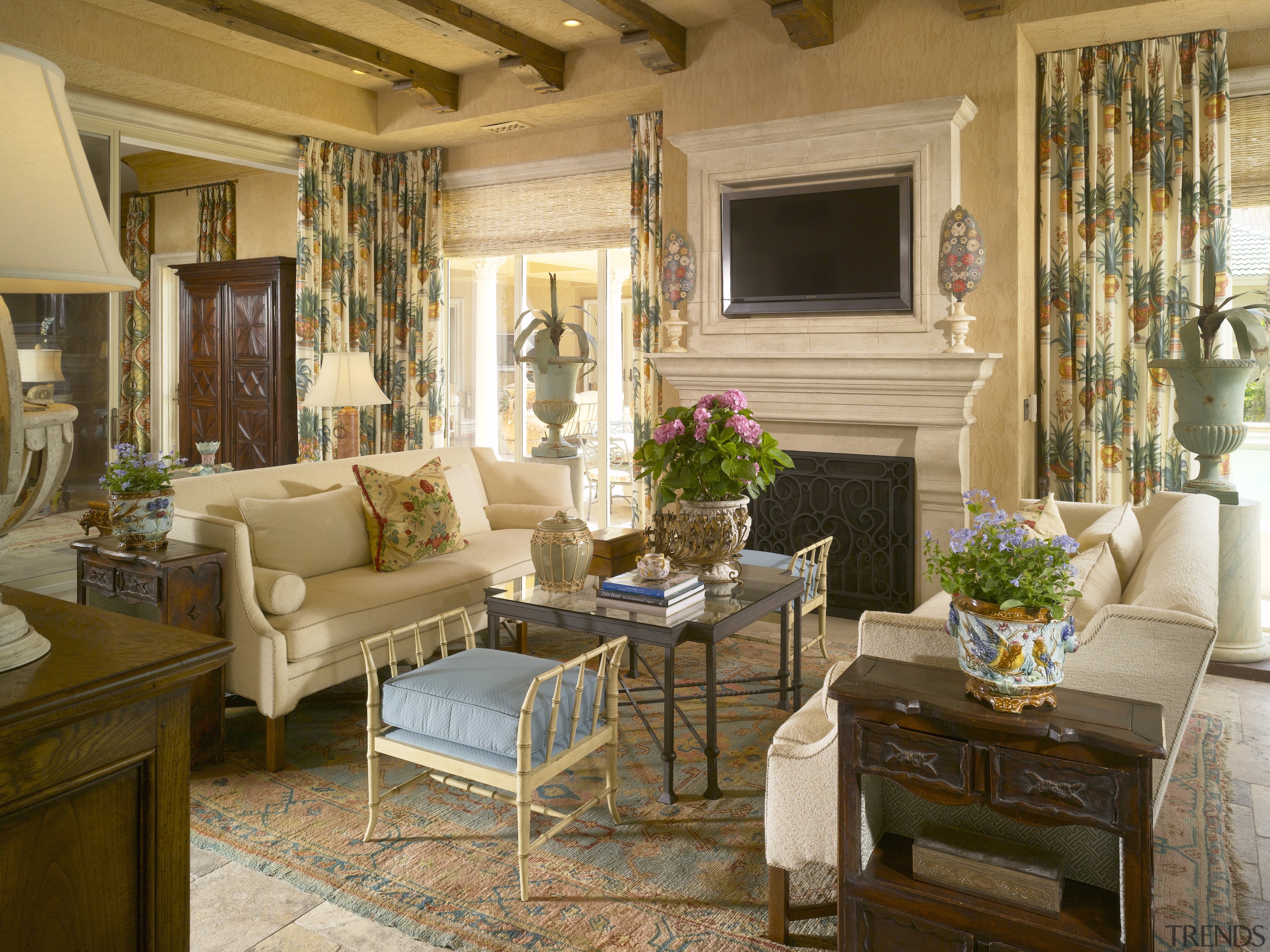 View of living area which features tiled floors, estate, furniture, home, interior design, living room, real estate, room, table, window, window treatment, brown, orange