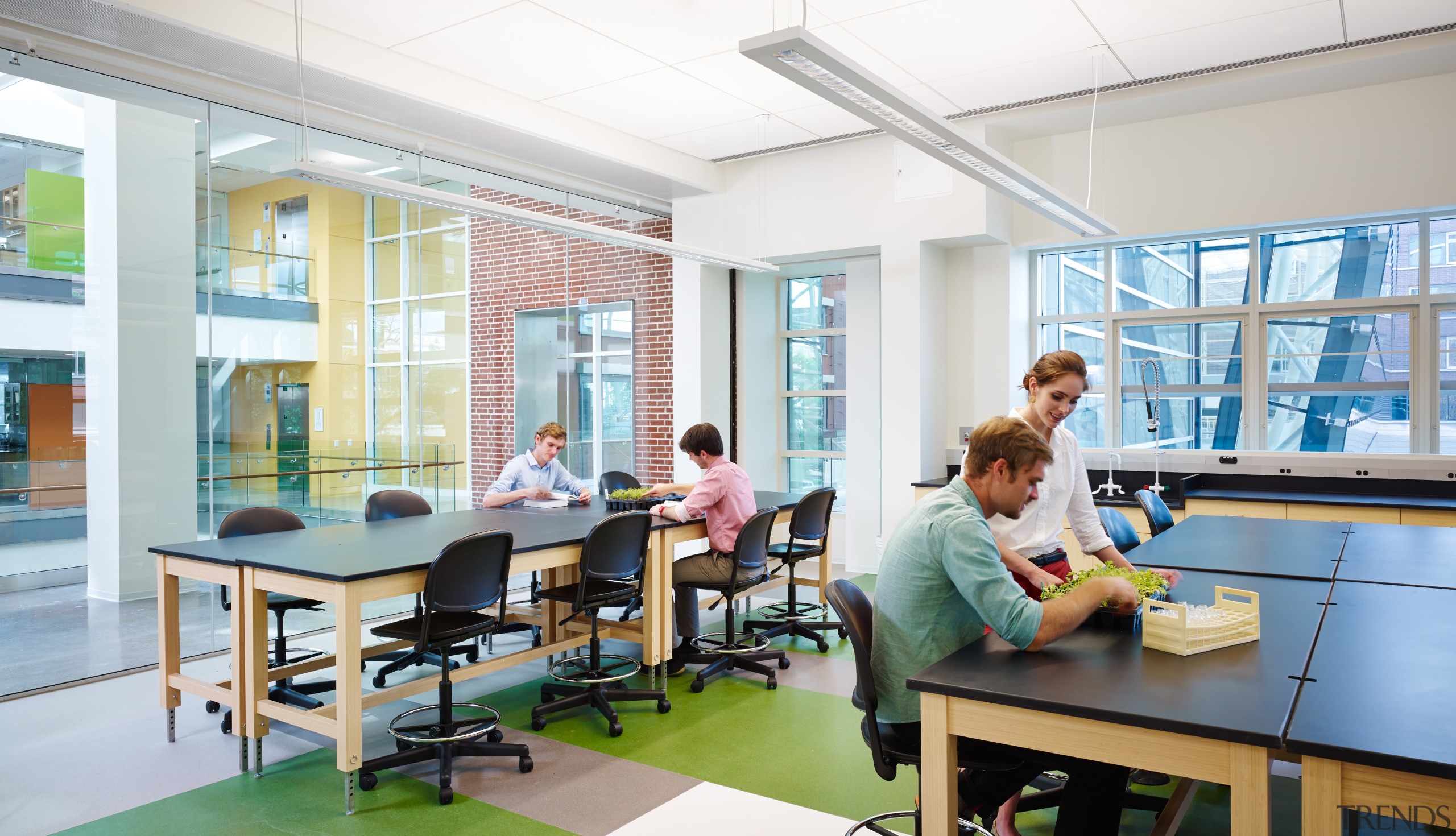 These STEP laboratories at the Institute of Environmental classroom, furniture, institution, interior design, office, professional, table, white