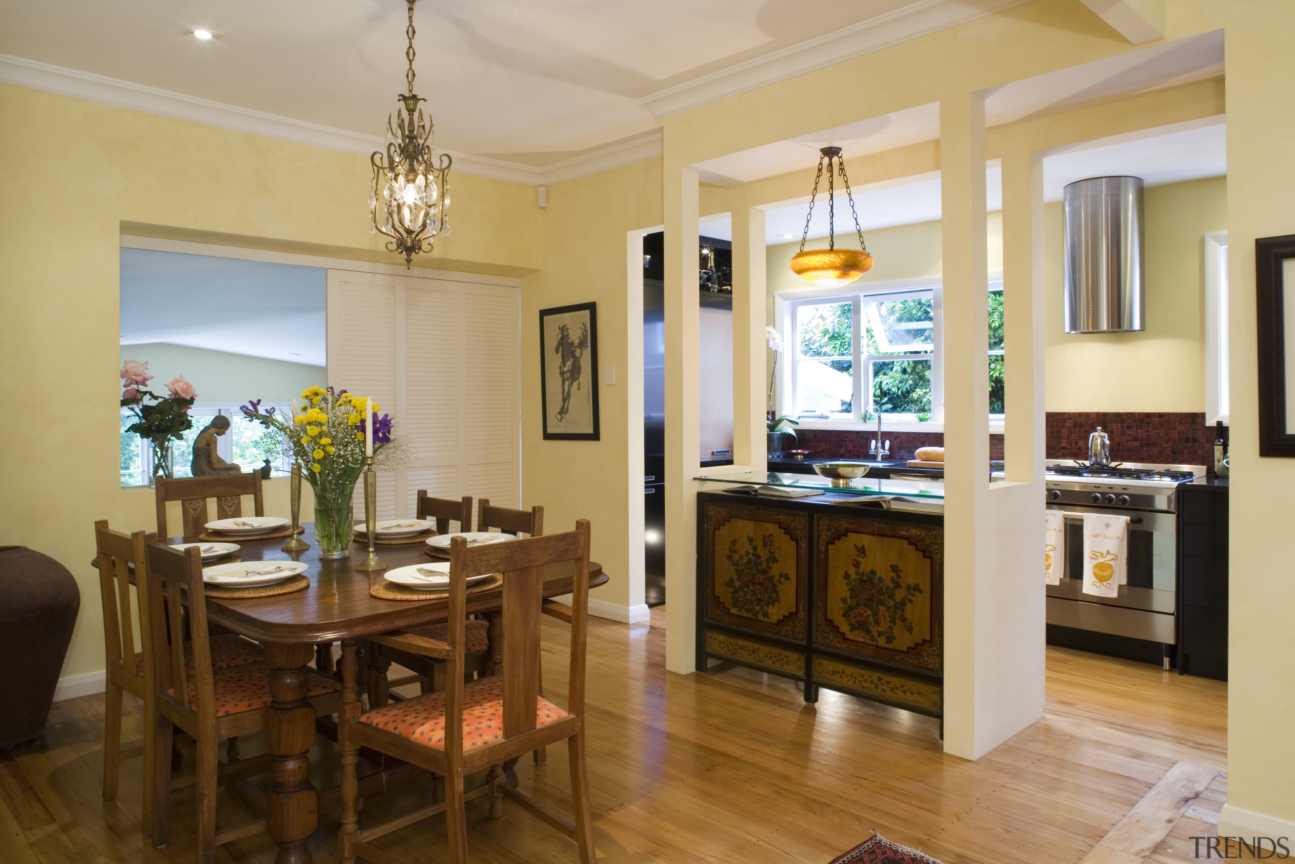 View of Kitchen designed by Celia Visser Design, dining room, interior design, kitchen, living room, real estate, room, orange, brown