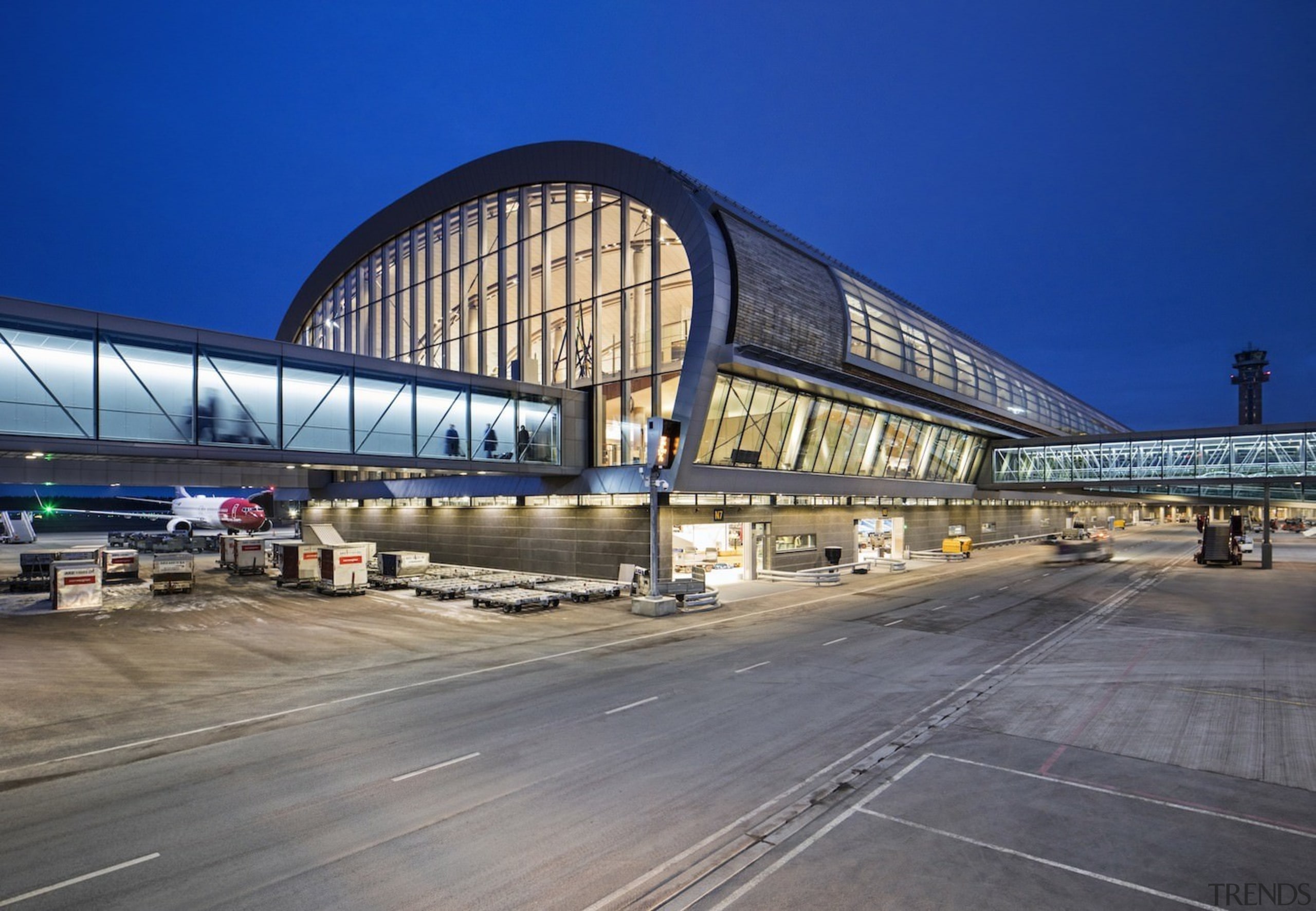 Architect: Nordic Office of ArchitecturePhotography by Dag airport terminal, architecture, bridge, building, corporate headquarters, fixed link, infrastructure, landmark, metropolis, metropolitan area, overpass, sky, skyway, structure, gray, blue