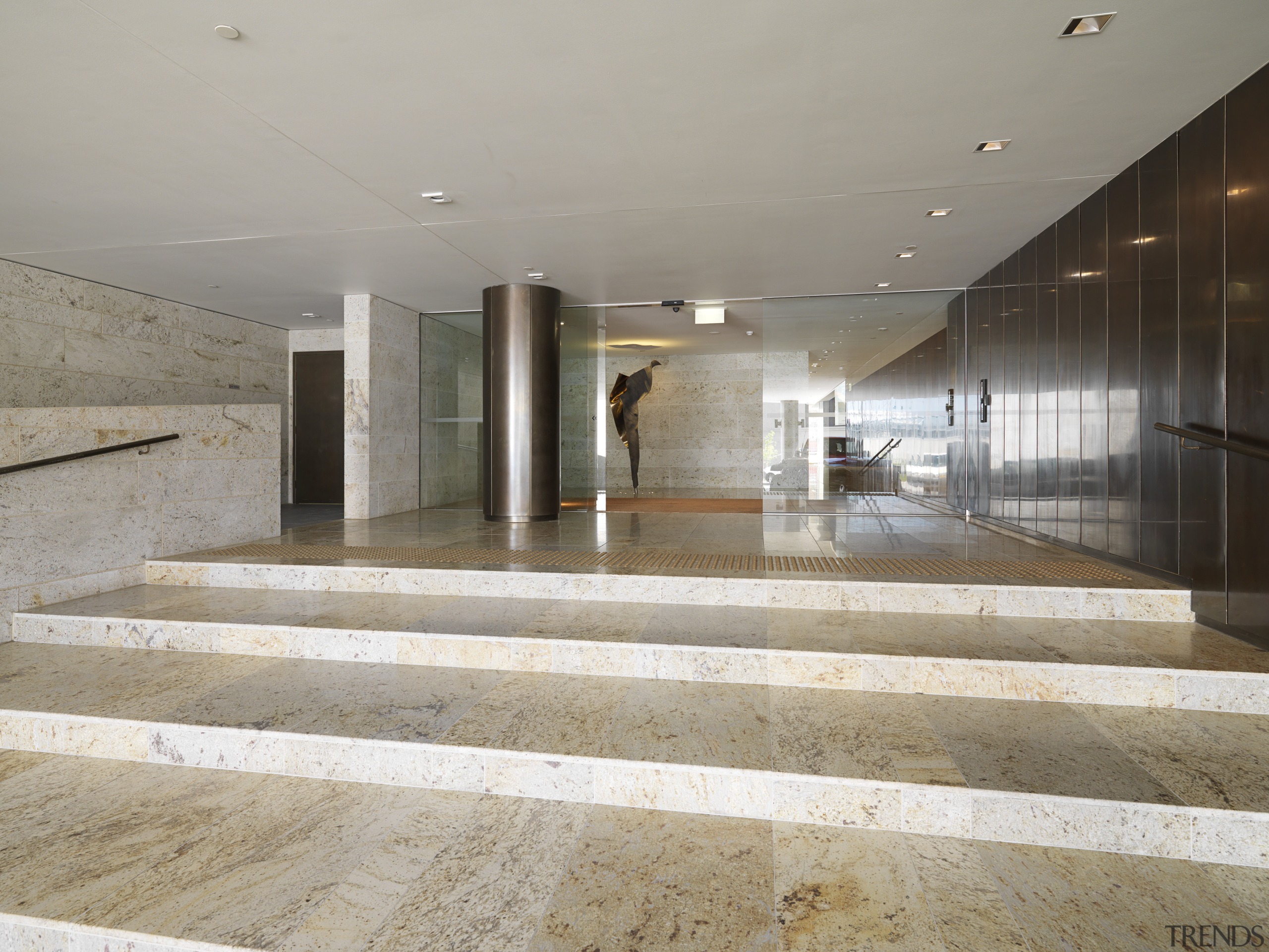 Apartment Interiors were designed by London architect Claudio apartment, architecture, ceiling, daylighting, floor, flooring, interior design, lobby, property, real estate, tile, gray