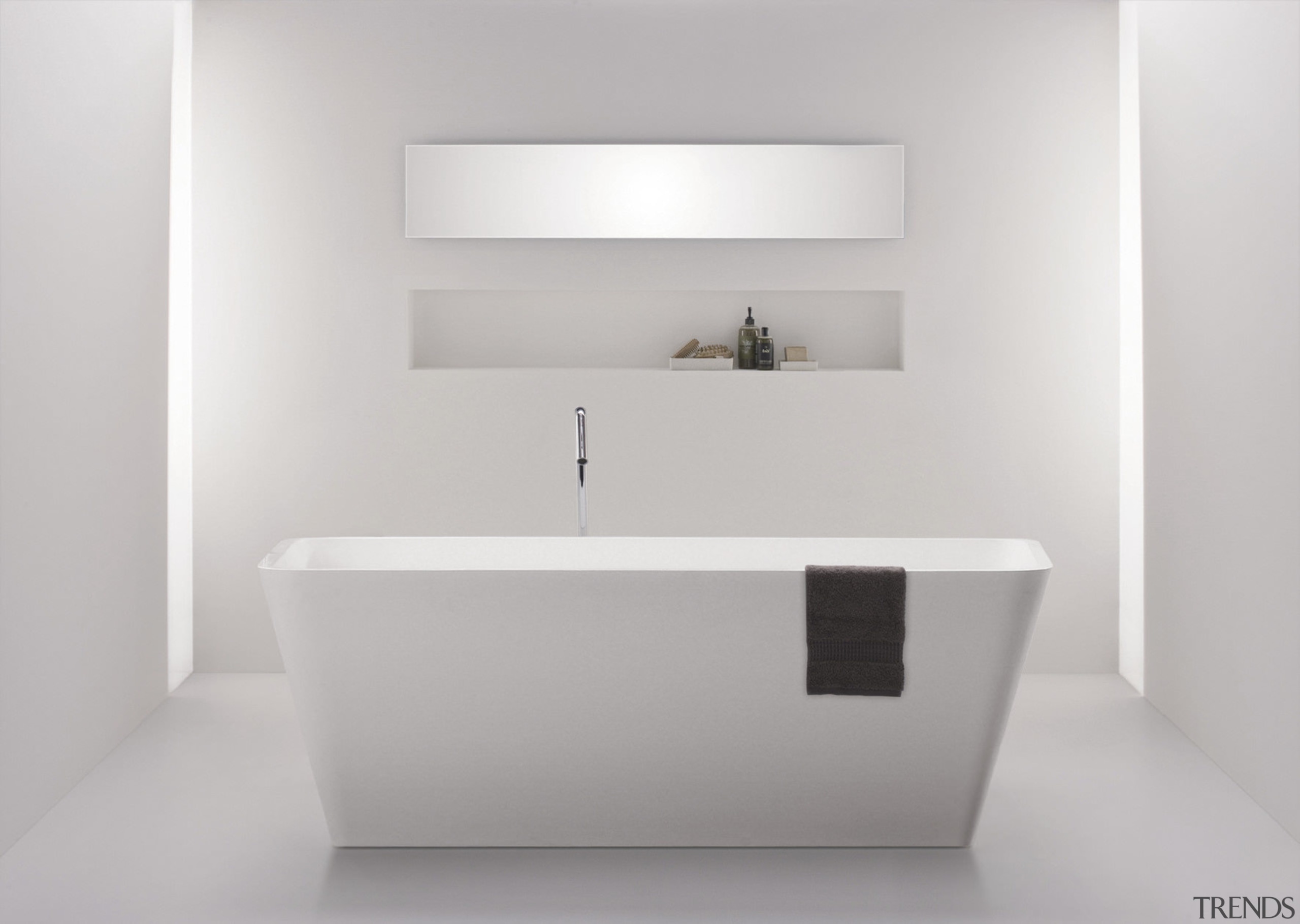 View of this contemporary bathroom - View of bathroom, bathroom accessory, bathroom cabinet, bathroom sink, interior design, plumbing fixture, product design, sink, tap, gray