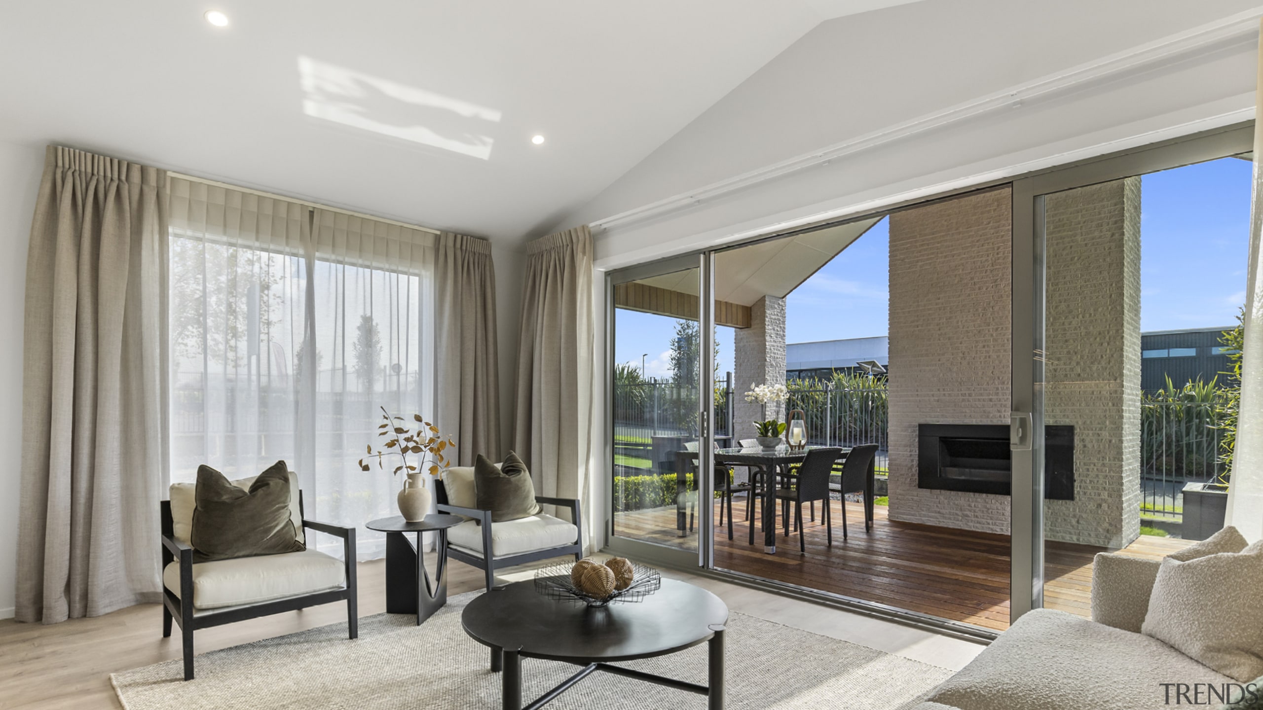 A gabled roof translates into soaring ceilings in 