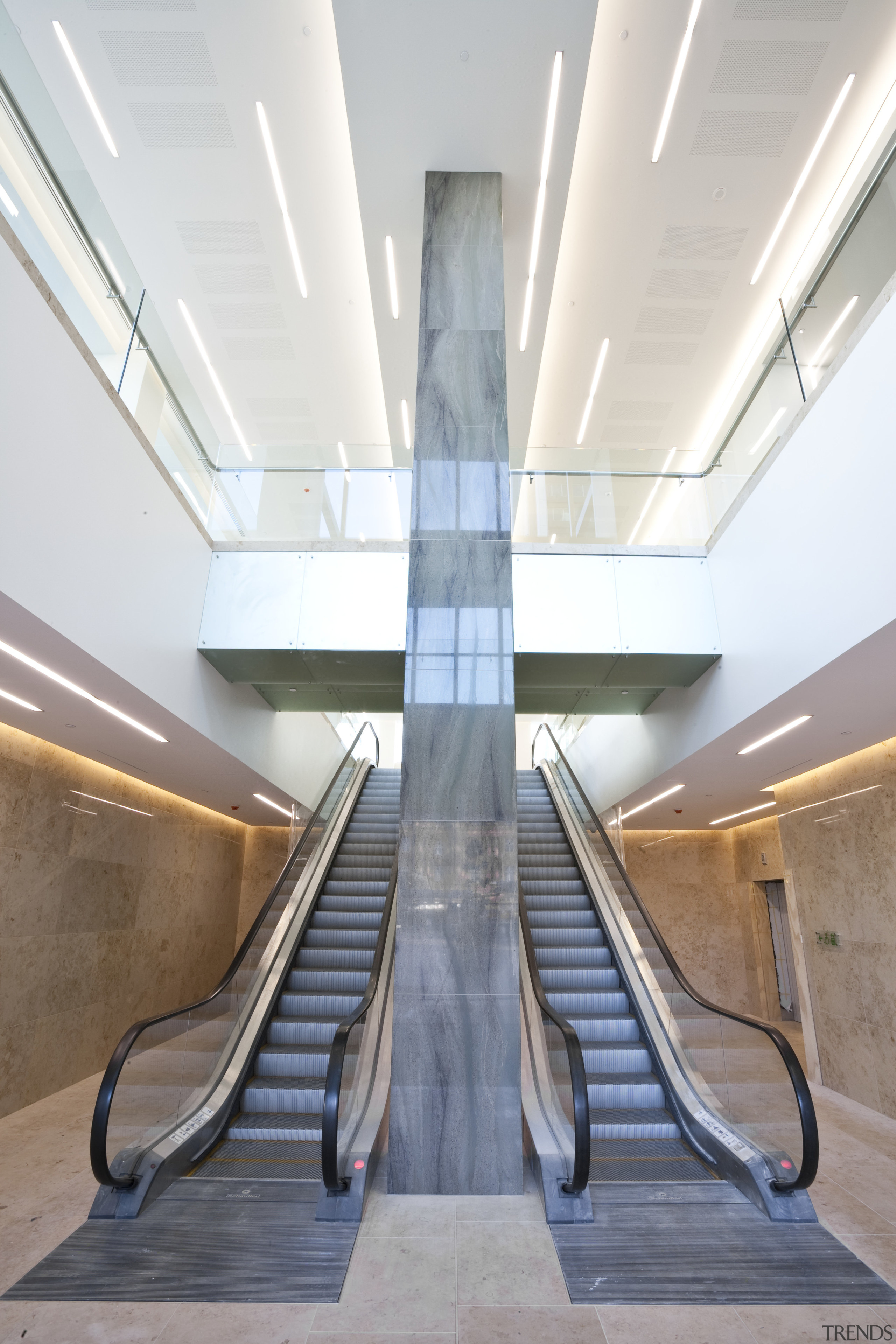 internal escalator view of the redeveloped 21 Queen architecture, ceiling, daylighting, escalator, handrail, interior design, lobby, stairs, white, gray