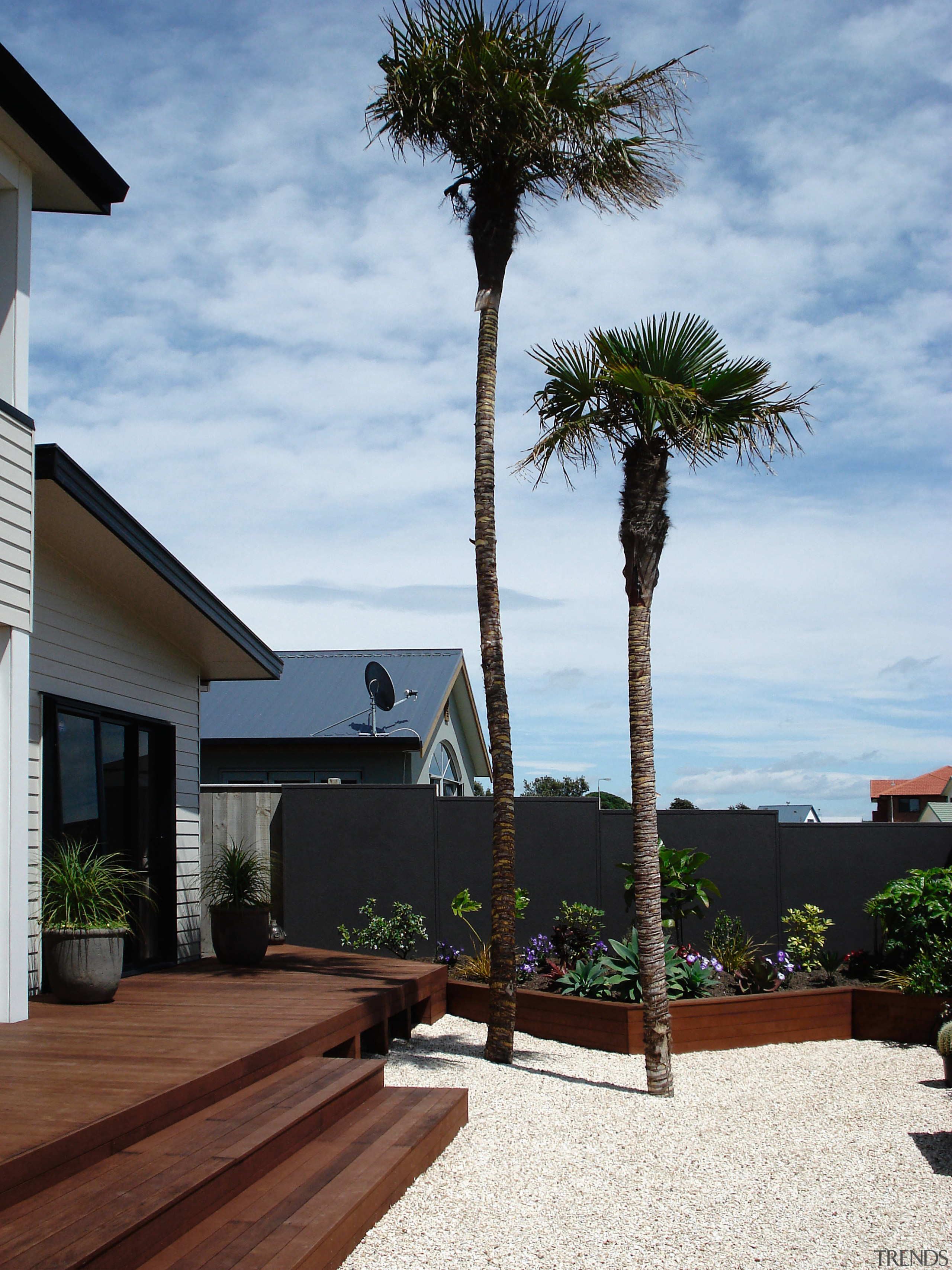 View of this outdoor enertainment area featuring landscaped agave, arecales, home, house, landscaping, outdoor structure, palm tree, plant, real estate, sky, tree, walkway, woody plant, white